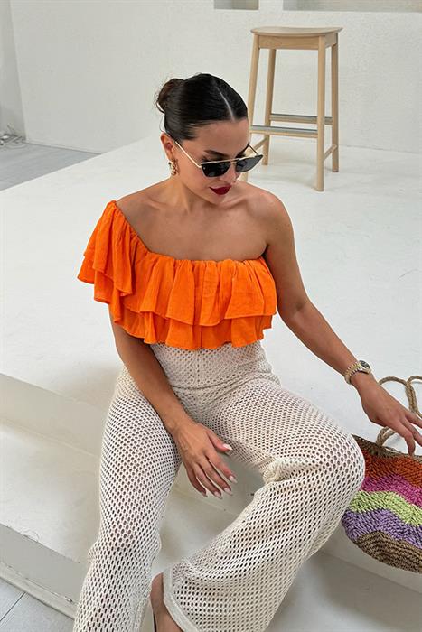 Jorie Fırfır Detaylı Tek Omuz Crop-Turuncu
