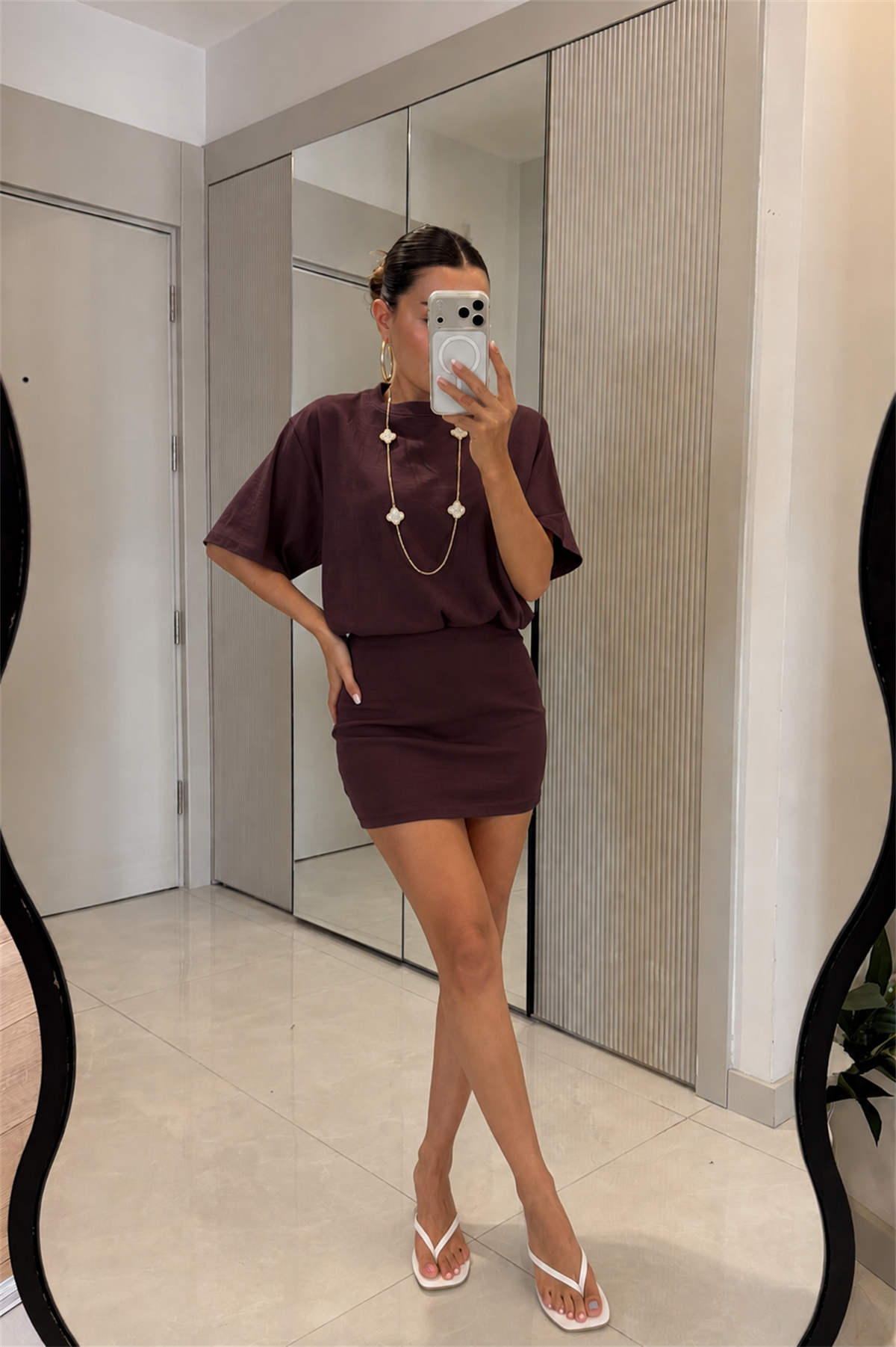 Josiana Koyu Kahve Vatkalı Mini Elbise