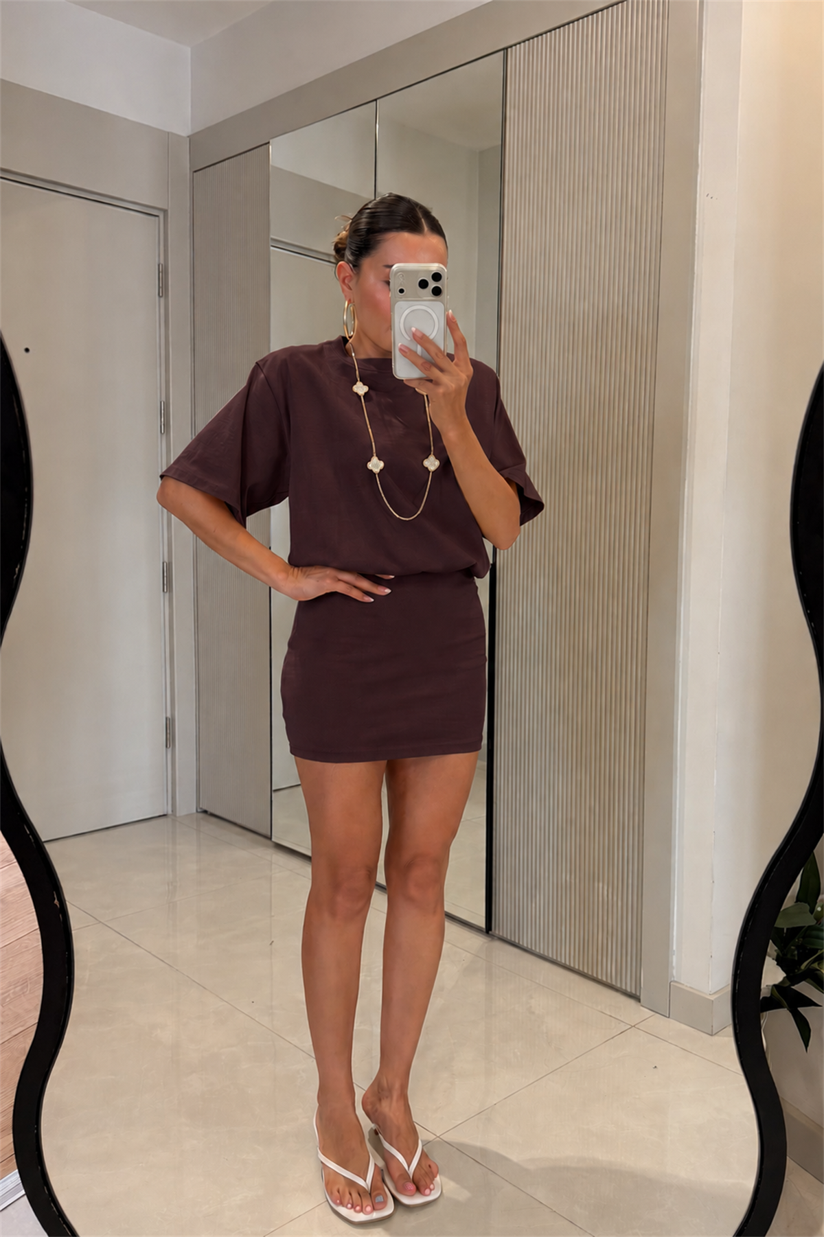 Josiana Koyu Kahve Vatkalı Mini Elbise