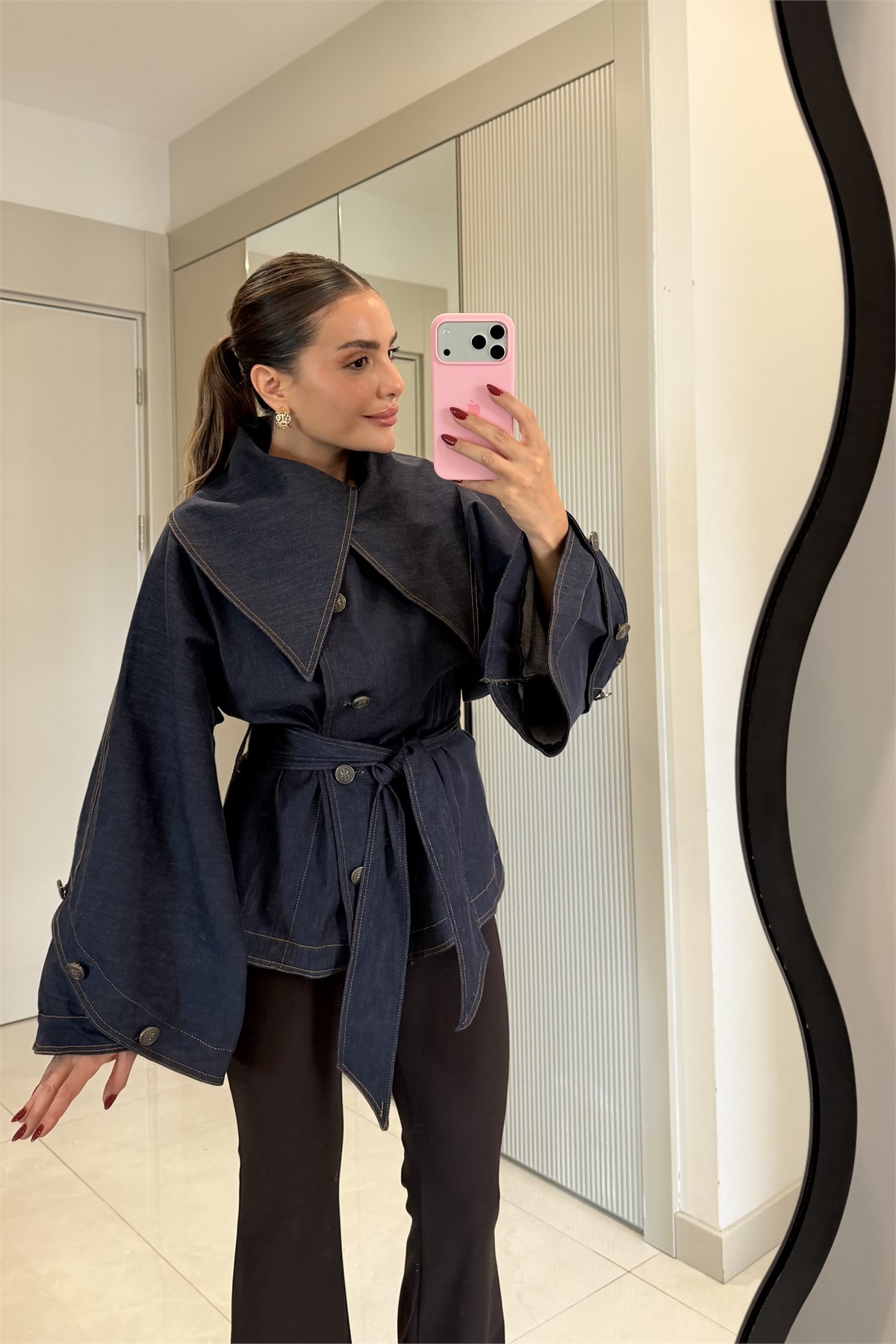 Josse Denim Kuşaklı Geniş Yaka Ceket