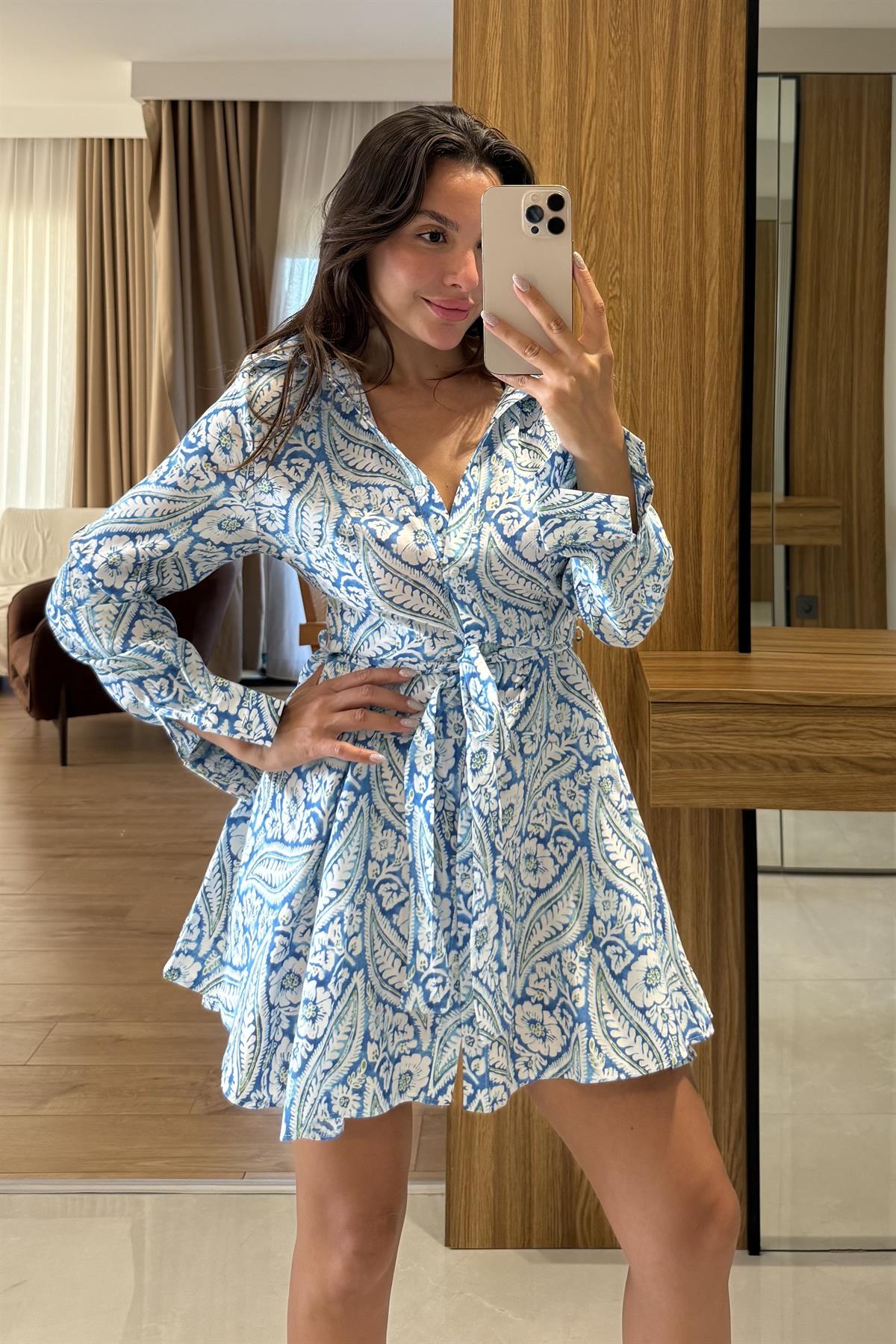 Journey Mavi Desenli Gömlek Elbise
