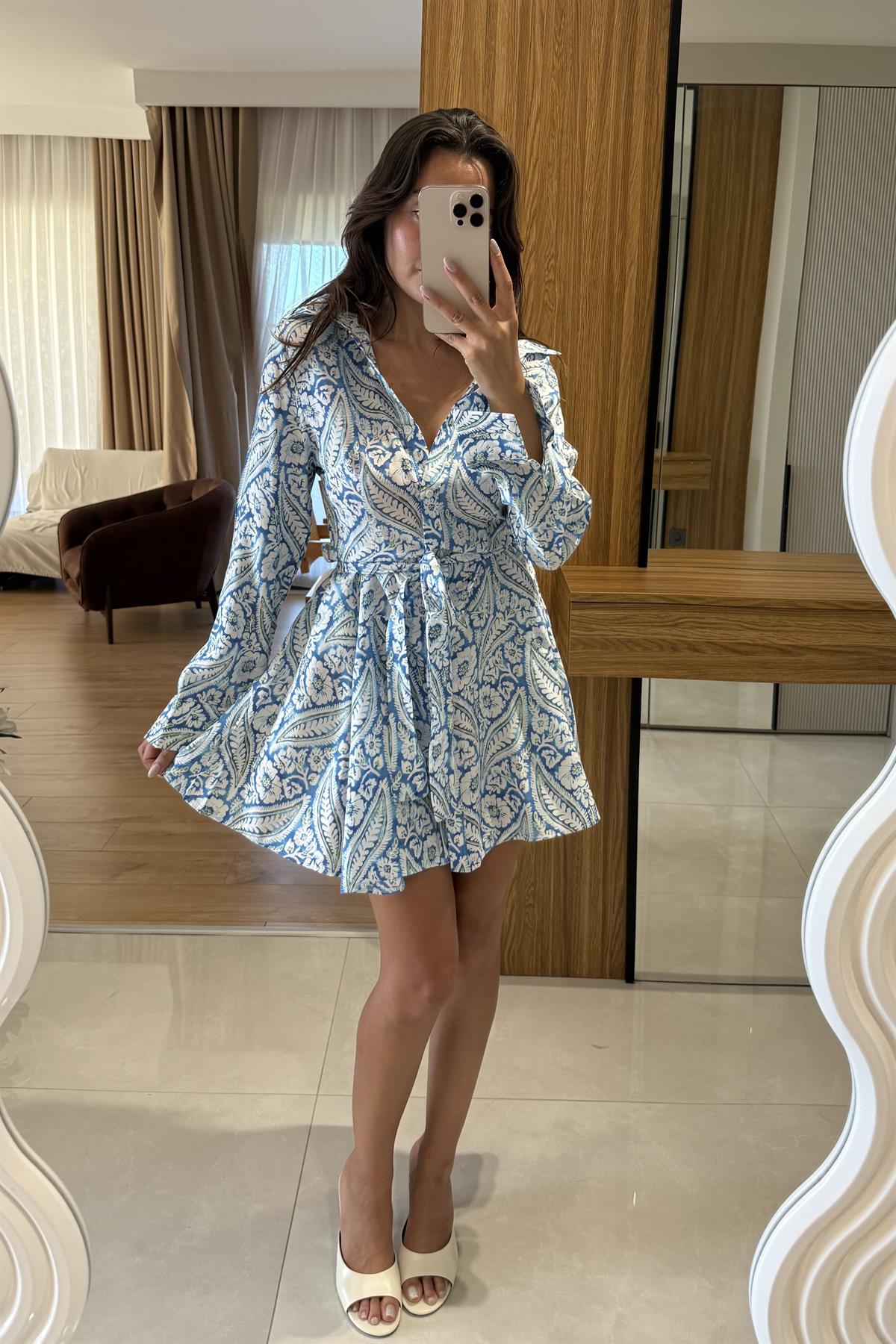 Journey Mavi Desenli Gömlek Elbise