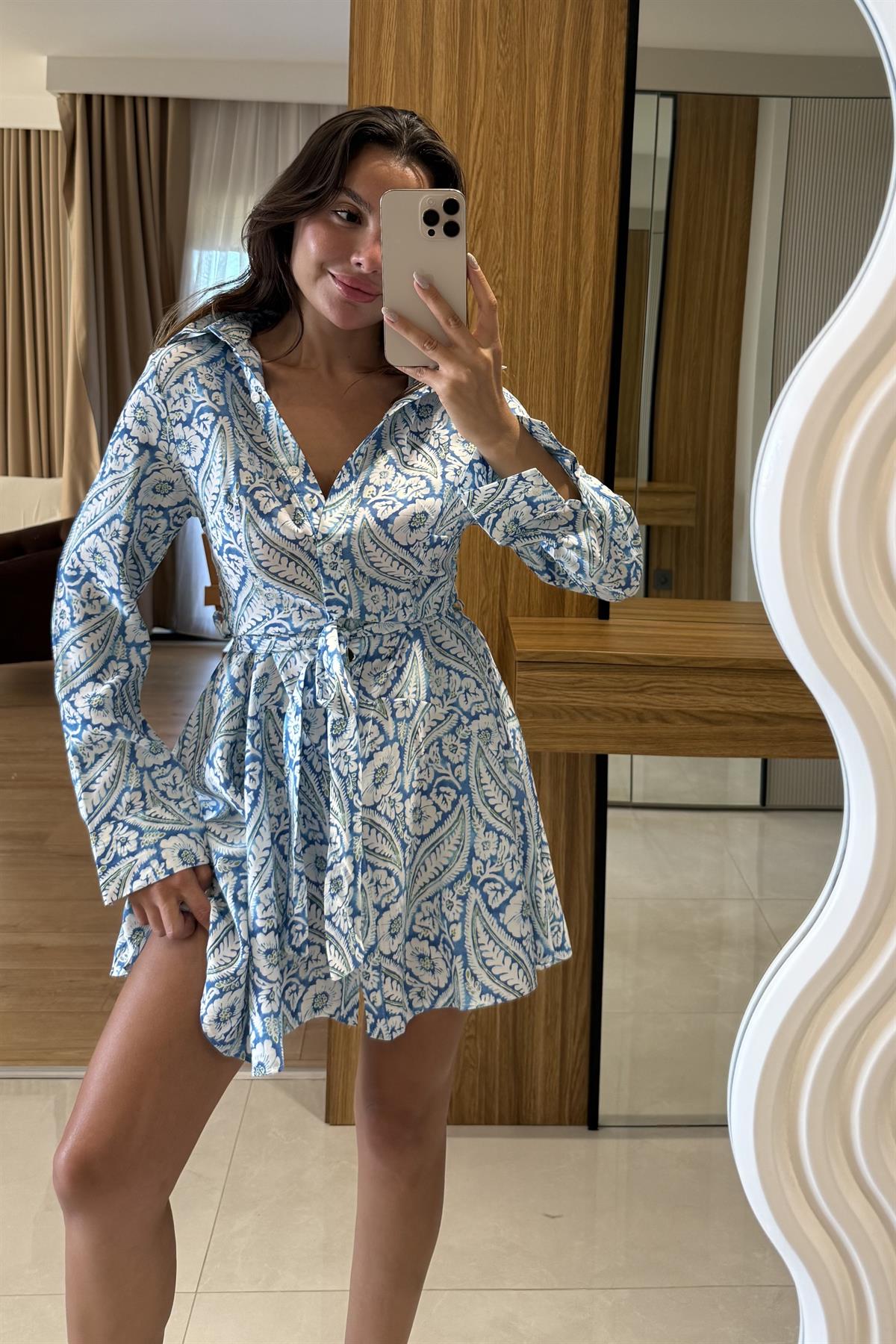 Journey Mavi Desenli Gömlek Elbise