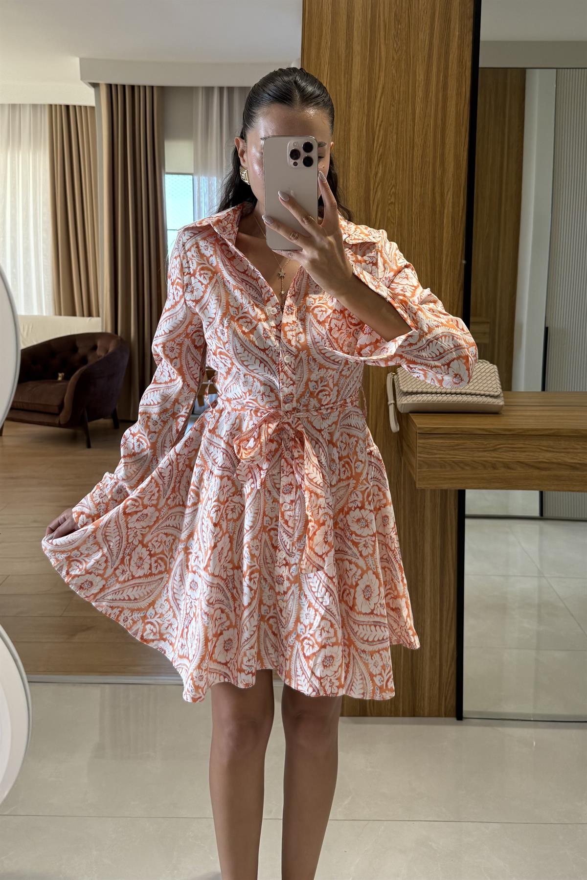 Journey Turuncu Desenli Gömlek Elbise