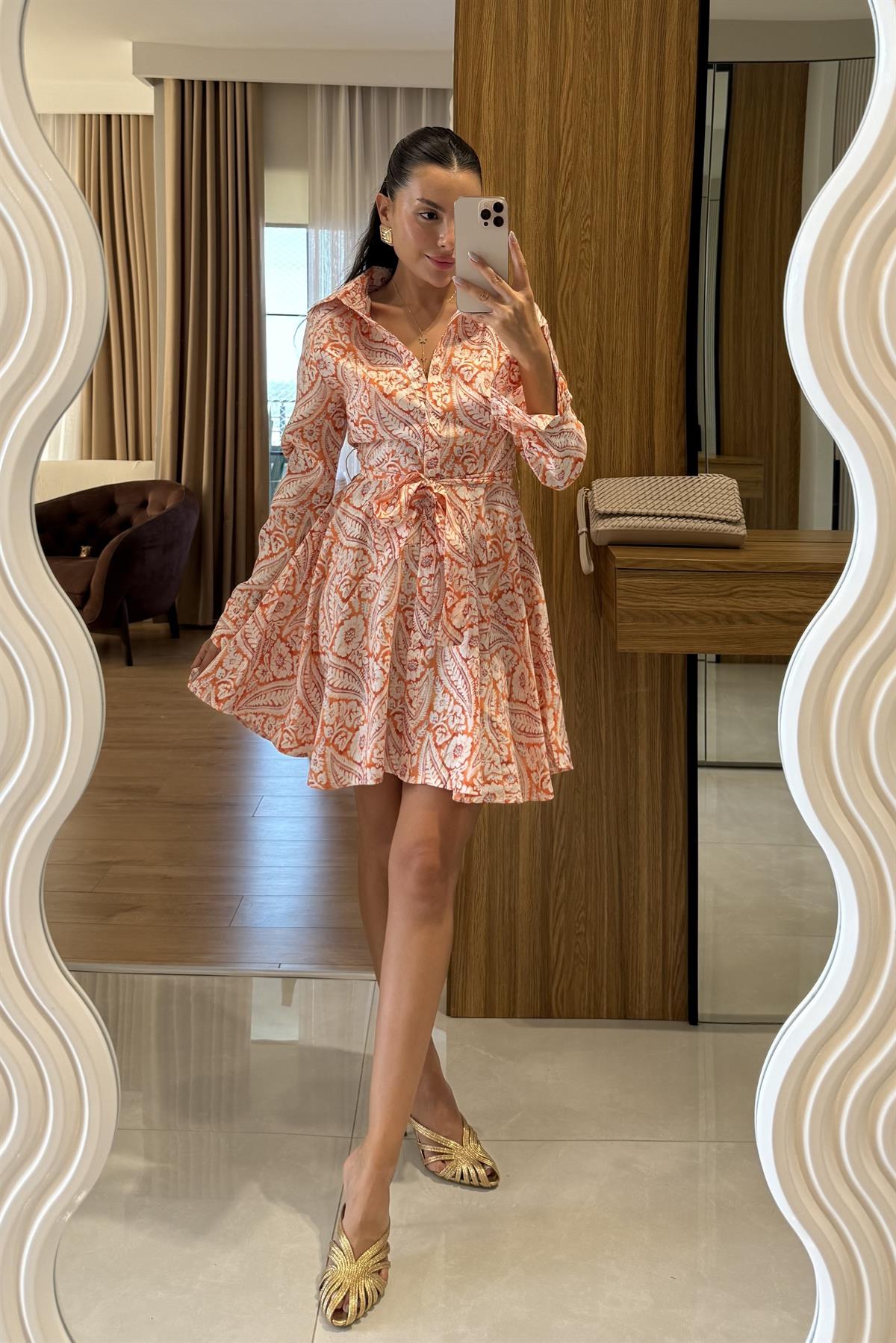 Journey Turuncu Desenli Gömlek Elbise