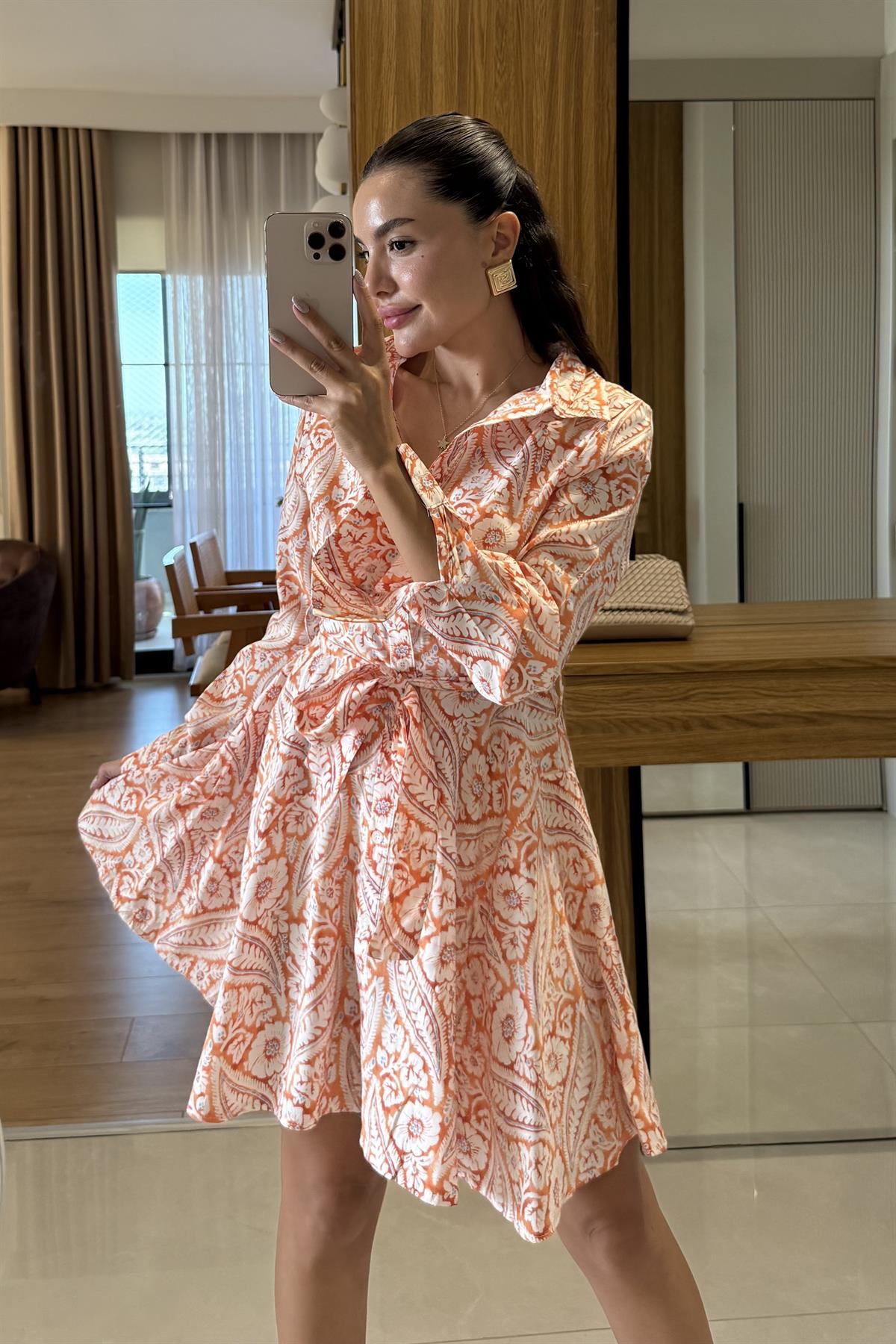 Journey Turuncu Desenli Gömlek Elbise