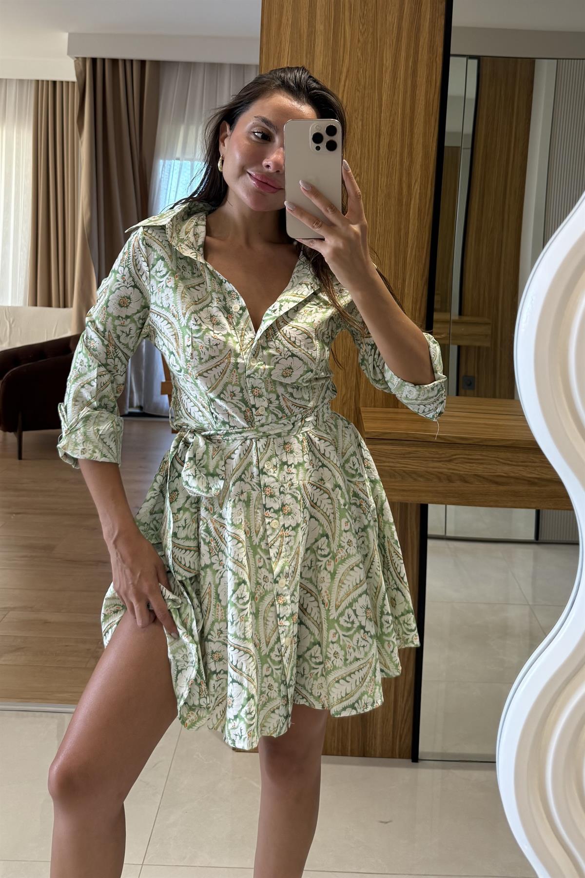 Journey Yeşil Desenli Gömlek Elbise