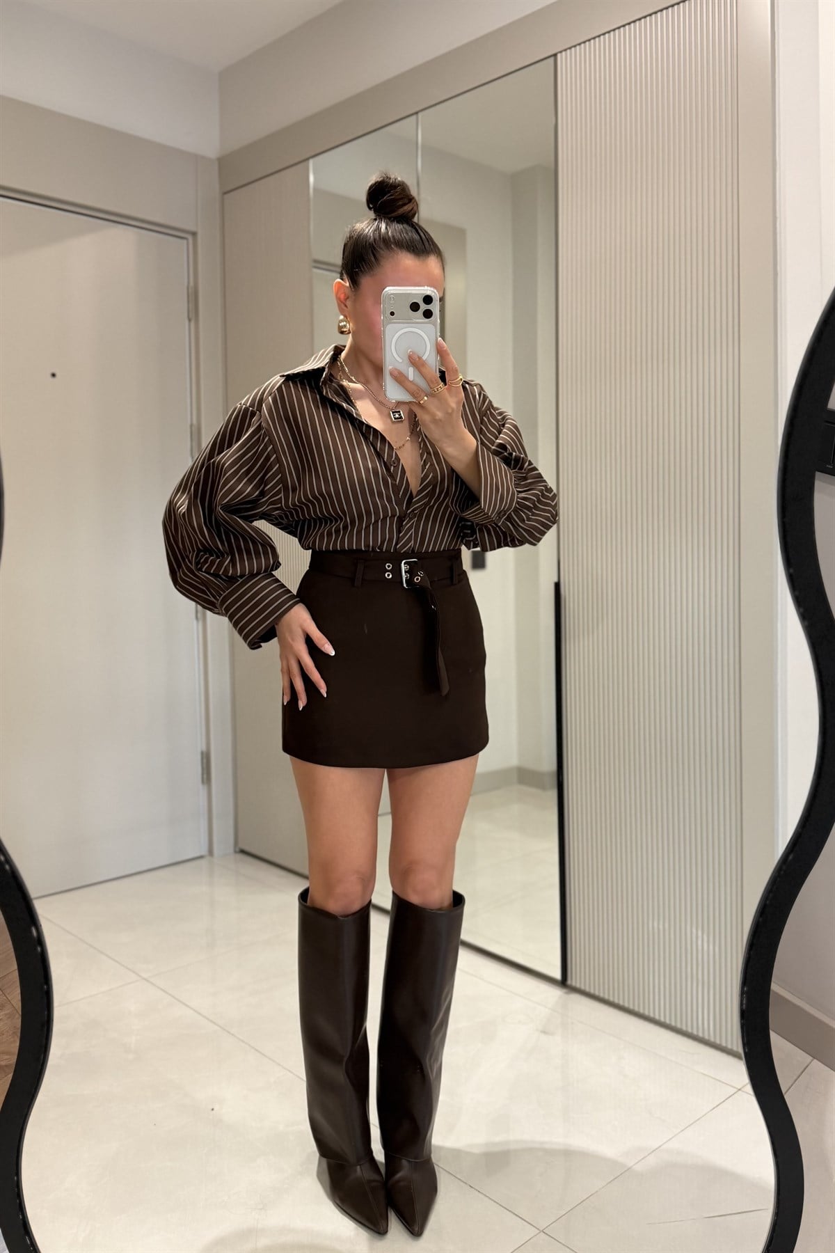 Jova Kahve Kemerli Şort Etek