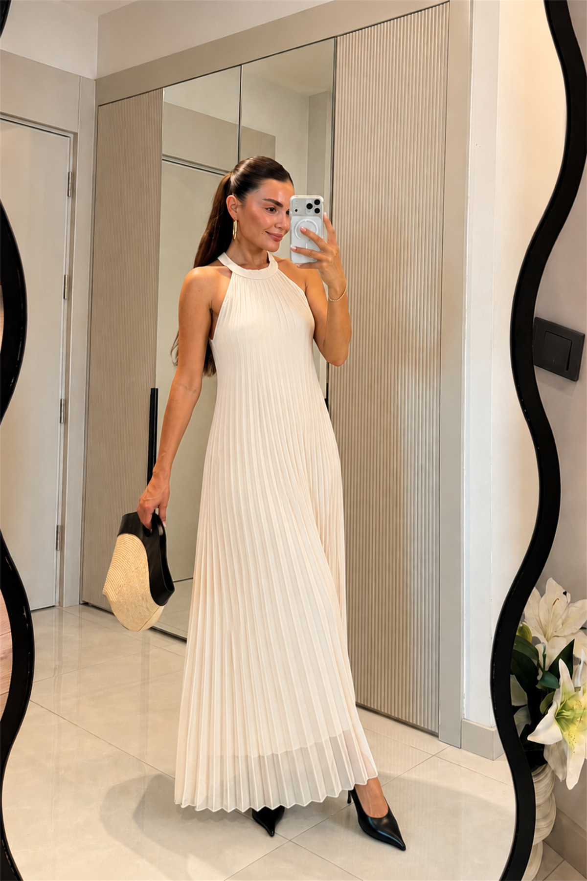 Jove Kırık Beyaz Piliseli Astarlı Maxi Elbise