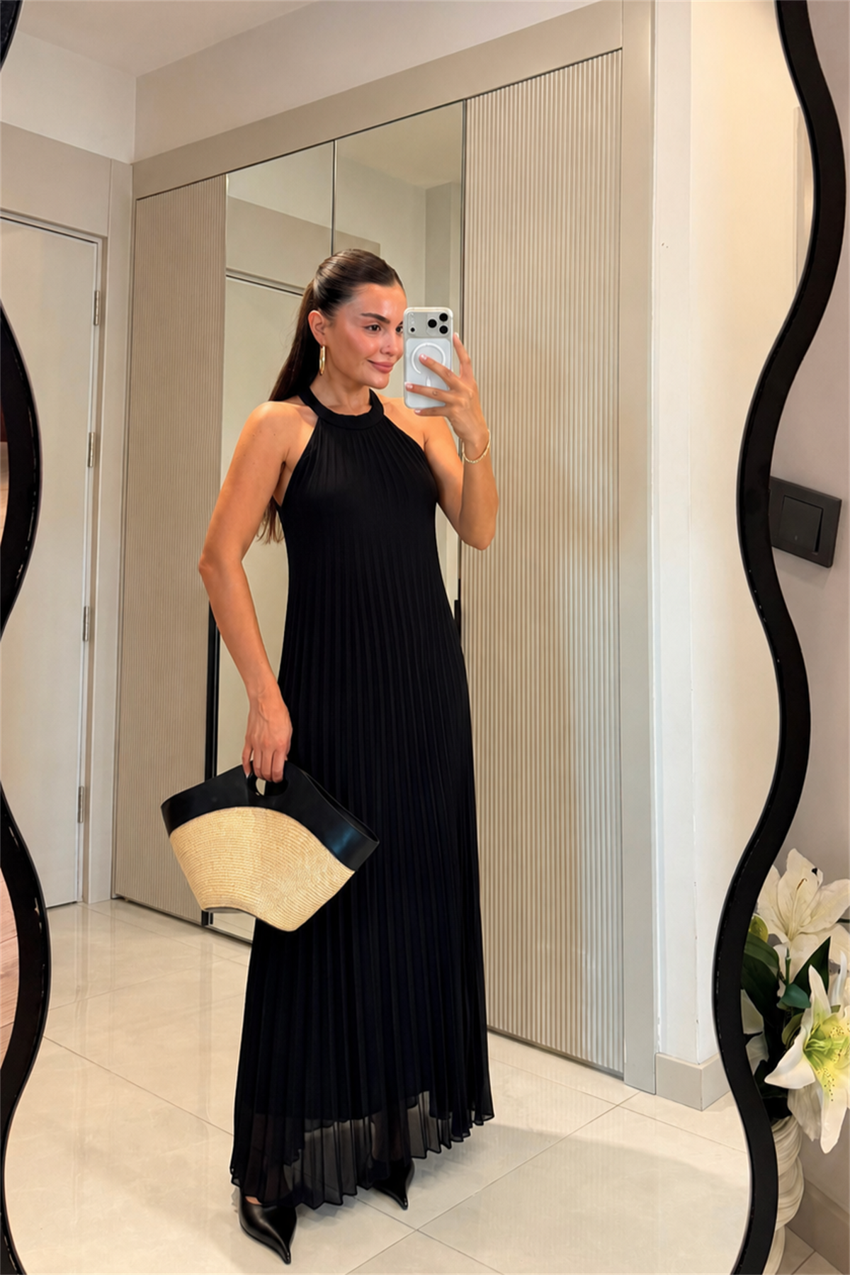 Jove Siyah Piliseli Astarlı Maxi Elbise