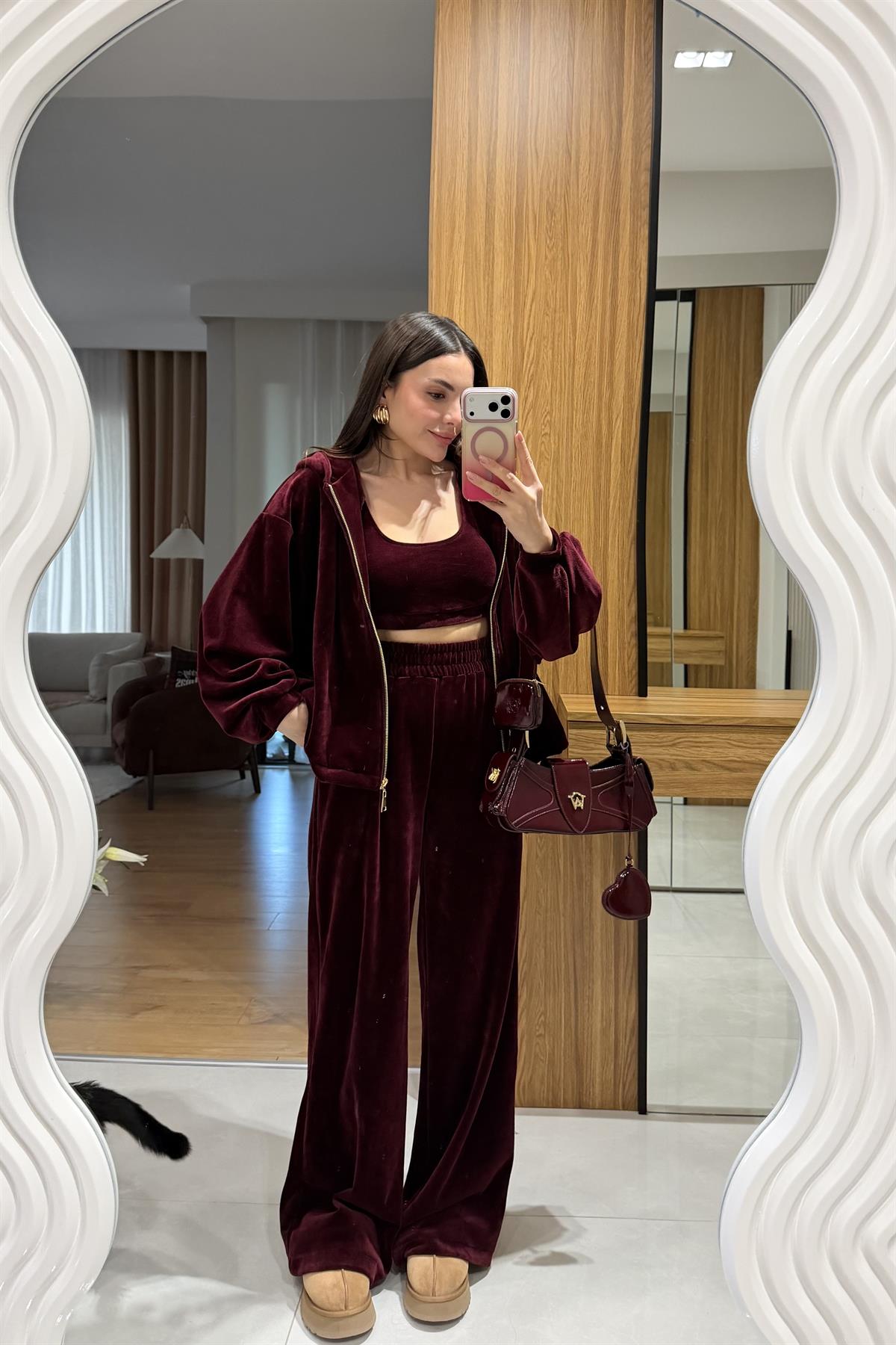 Jovie Bordo Kadife Üçlü Takım