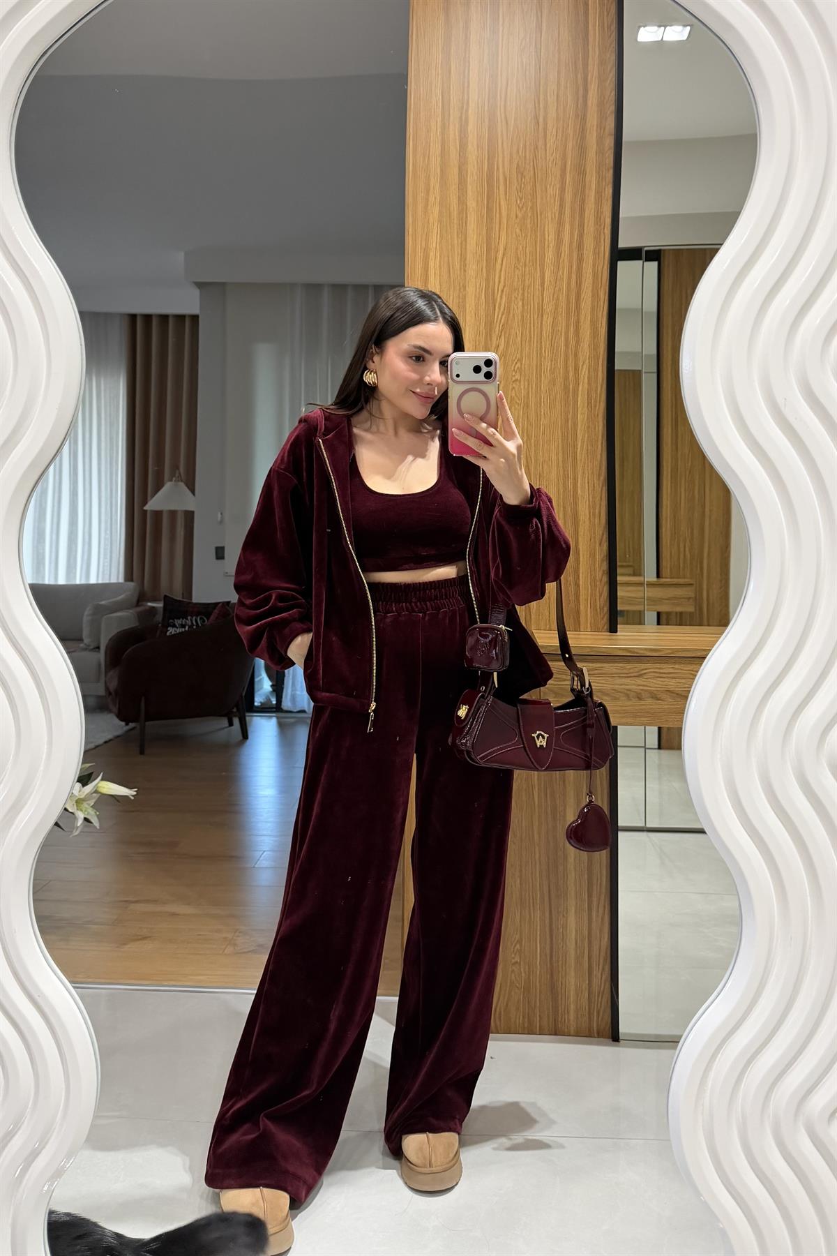 Jovie Bordo Kadife Üçlü Takım