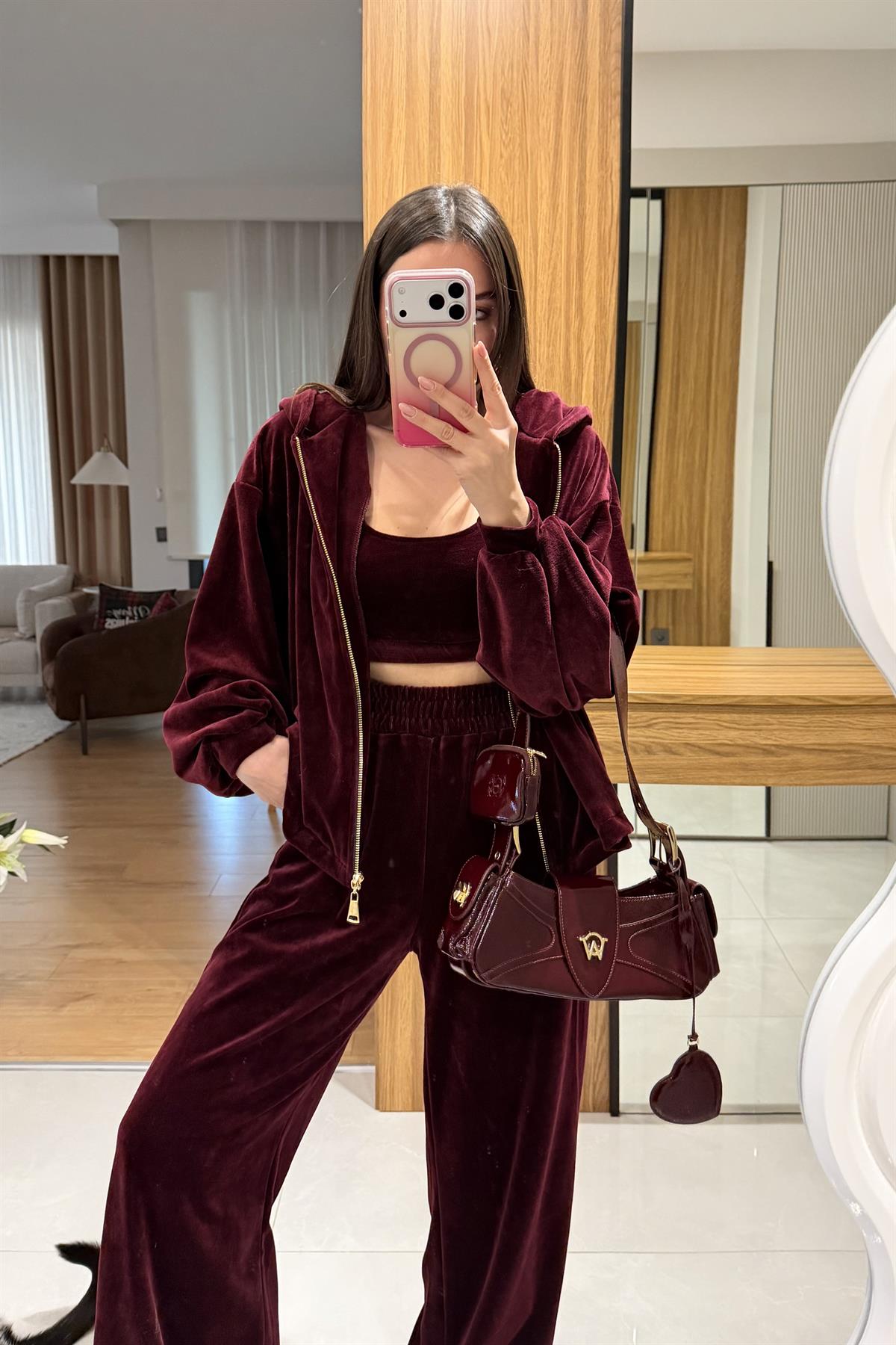 Jovie Bordo Kadife Üçlü Takım