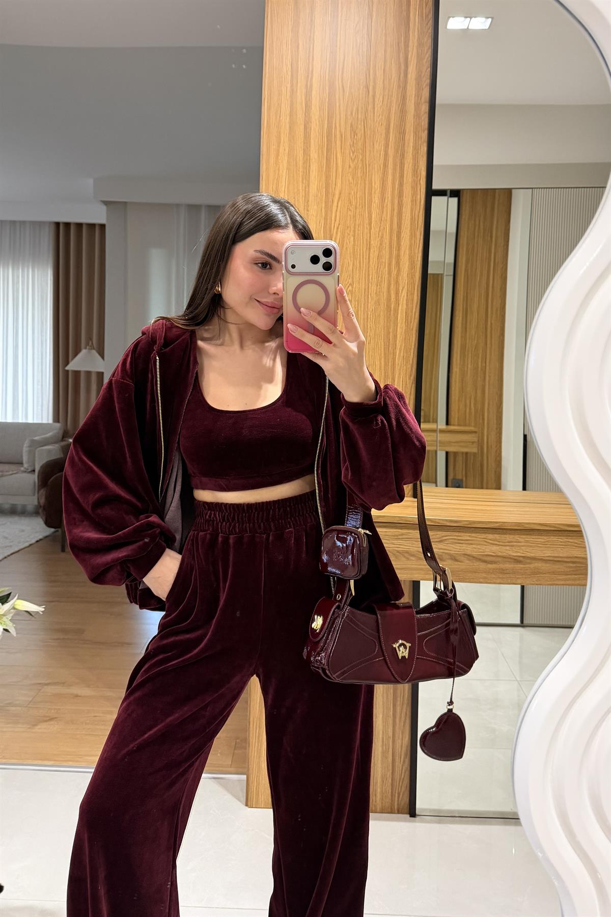 Jovie Bordo Kadife Üçlü Takım