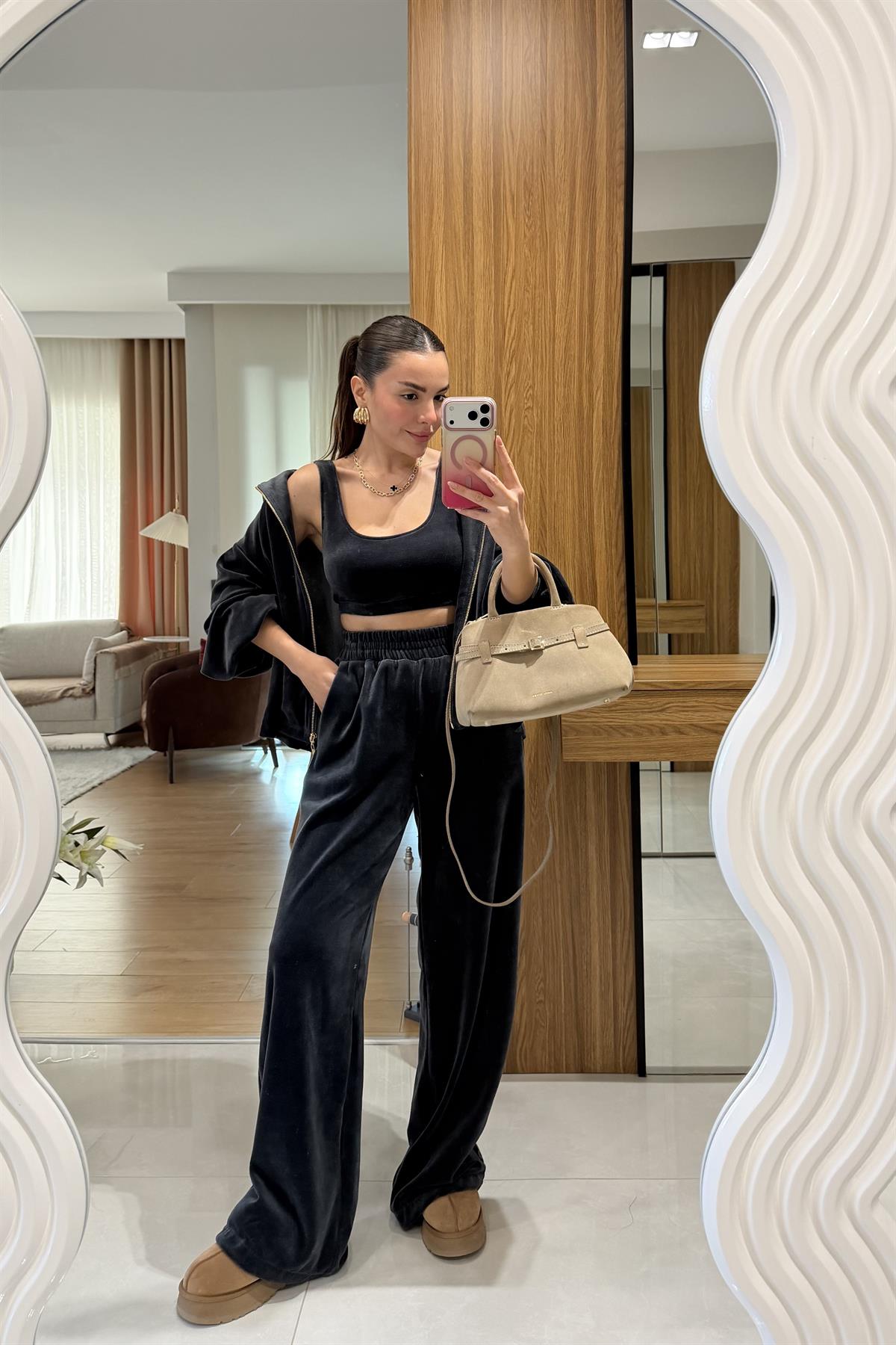 Jovie Füme Kadife Üçlü Takım