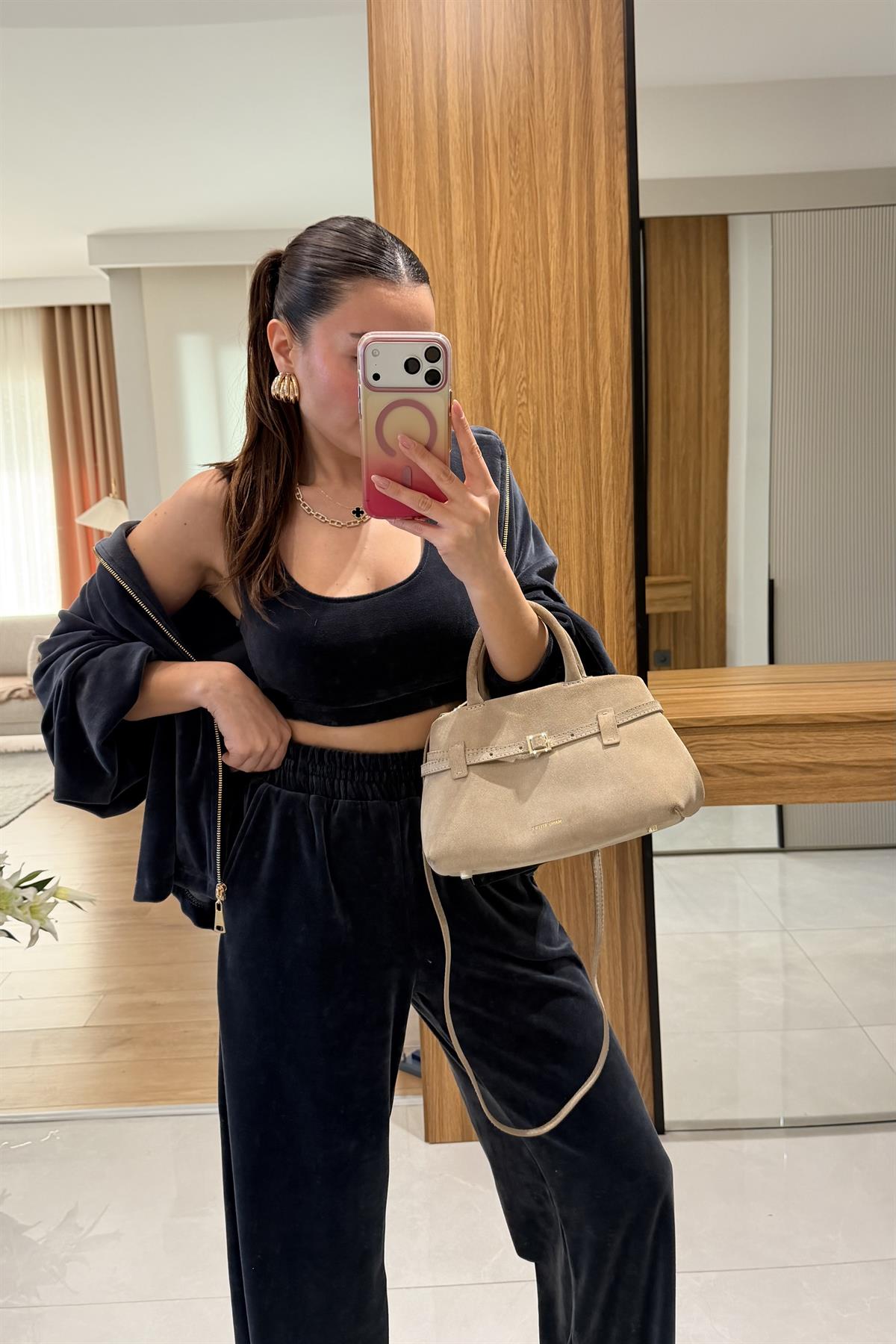 Jovie Füme Kadife Üçlü Takım