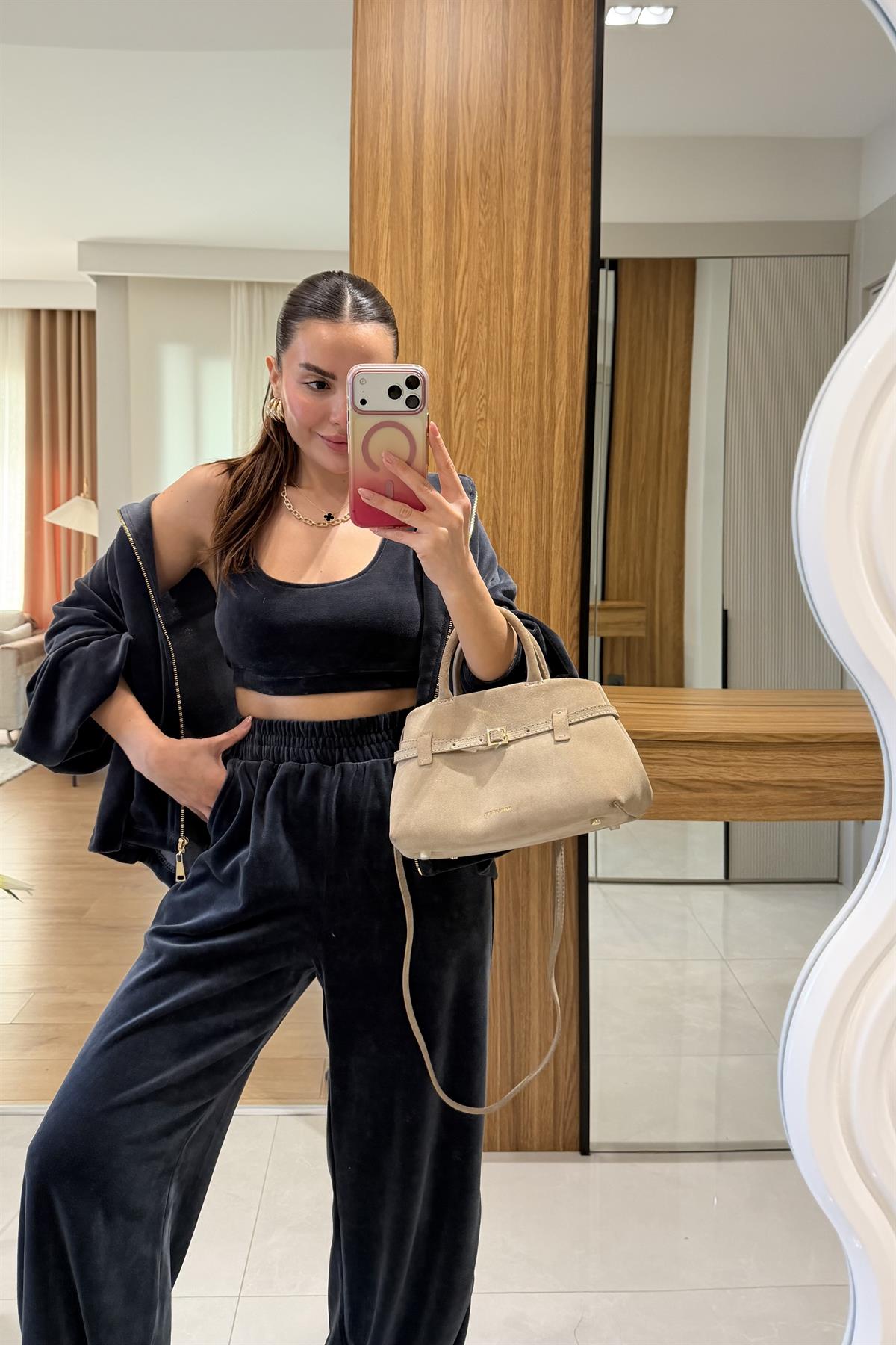 Jovie Füme Kadife Üçlü Takım