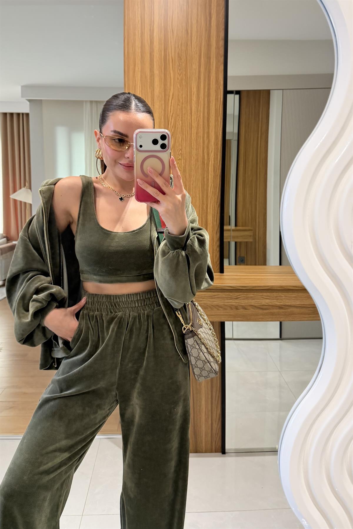 Jovie Haki Kadife Üçlü Takım