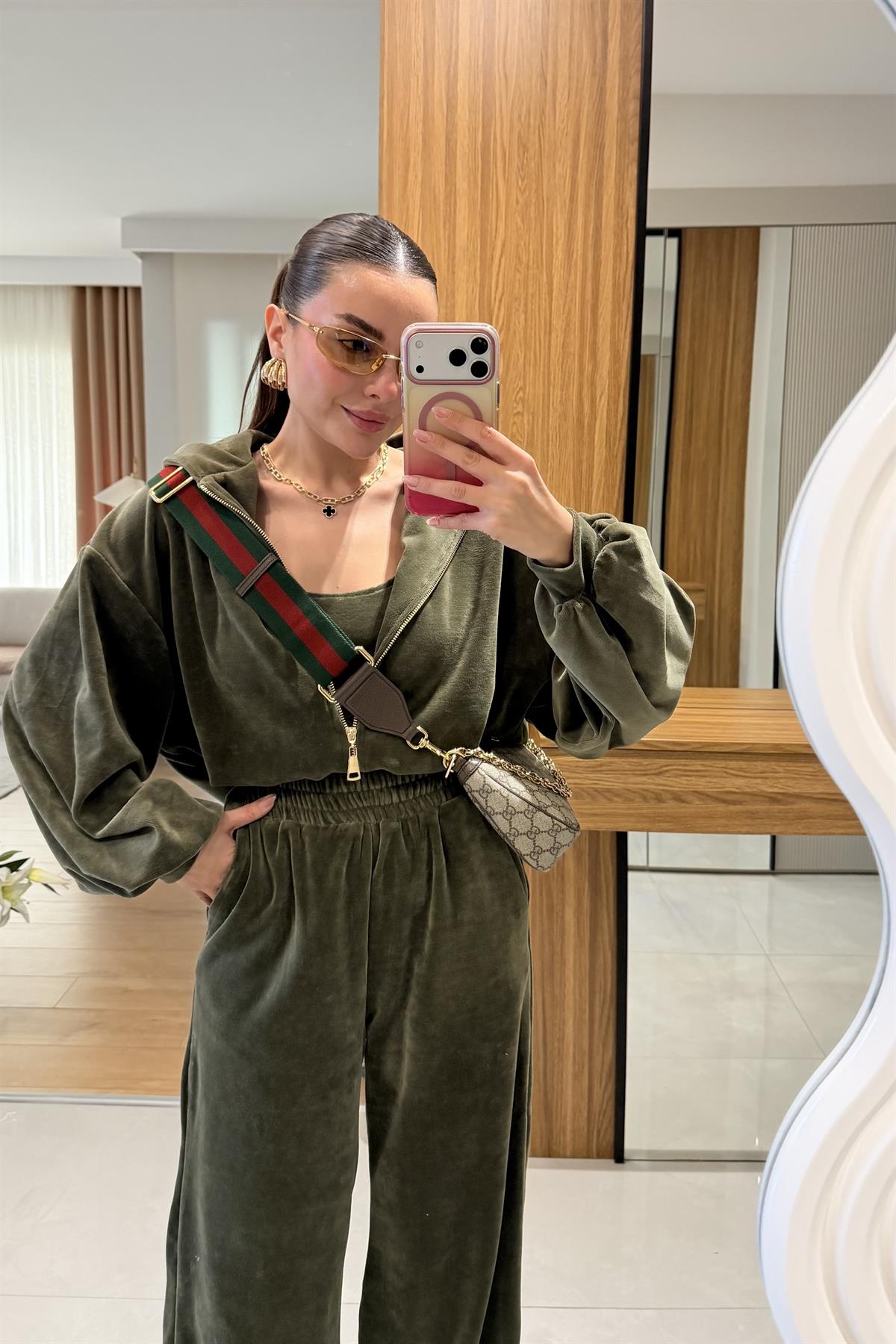 Jovie Haki Kadife Üçlü Takım