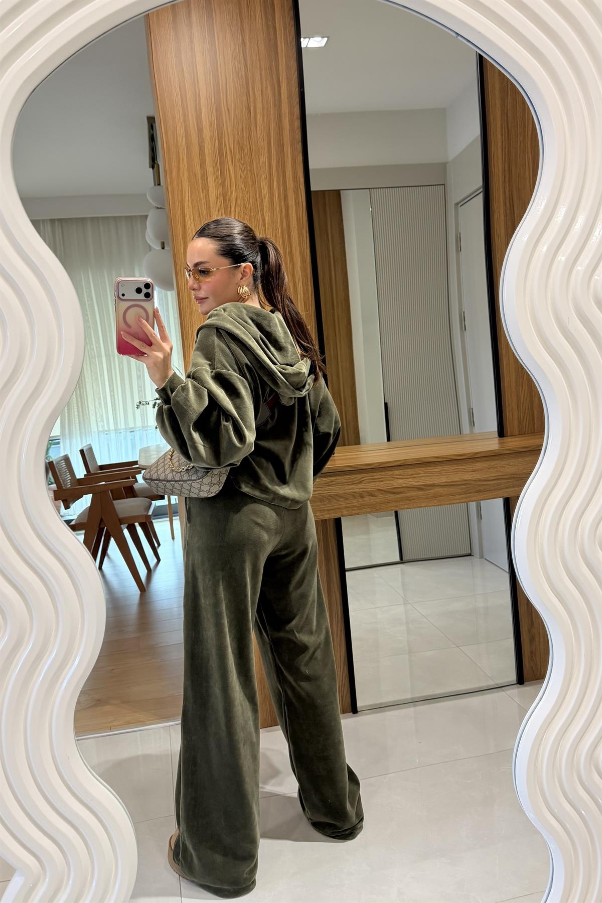 Jovie Haki Kadife Üçlü Takım