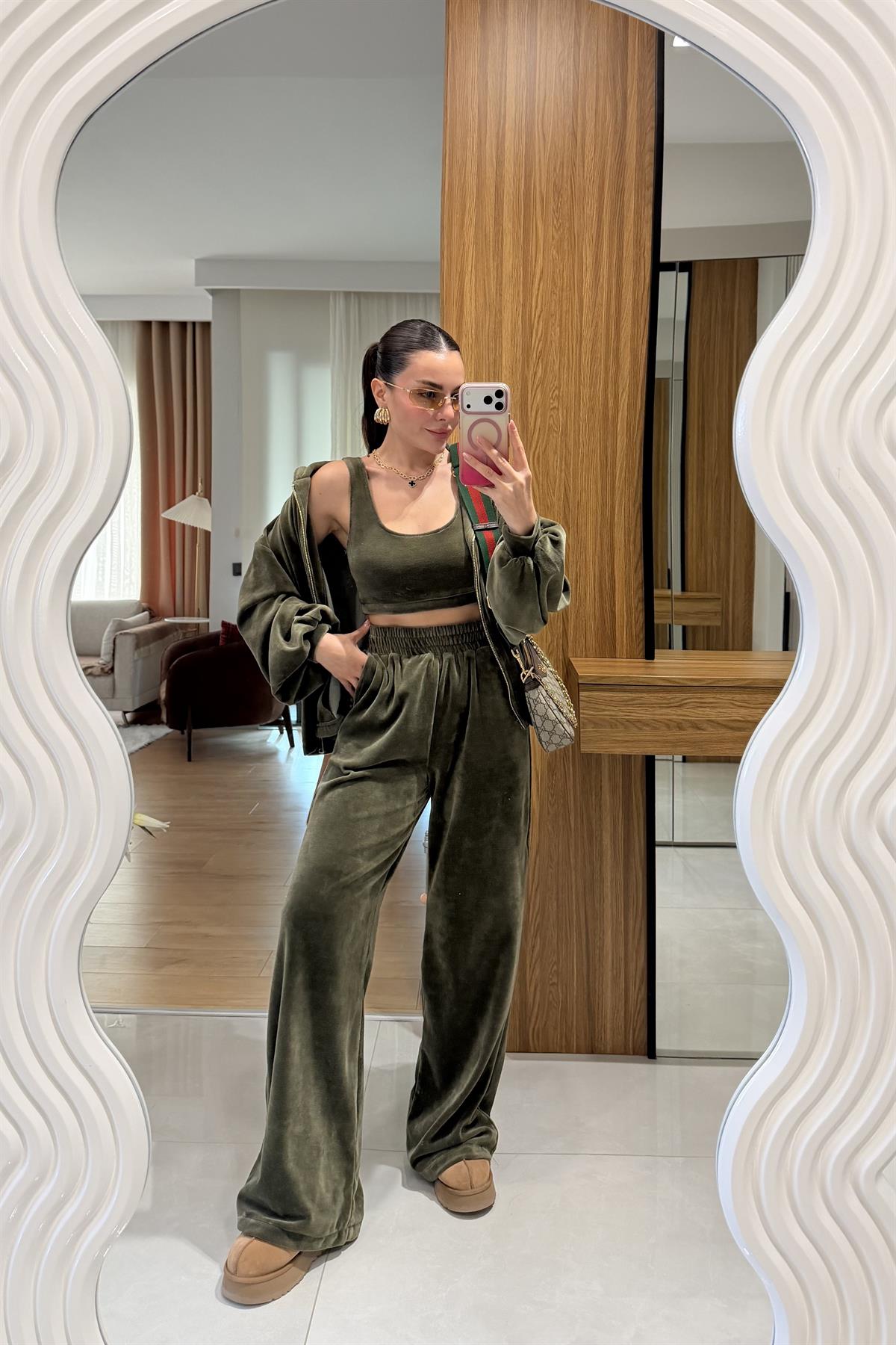 Jovie Haki Kadife Üçlü Takım