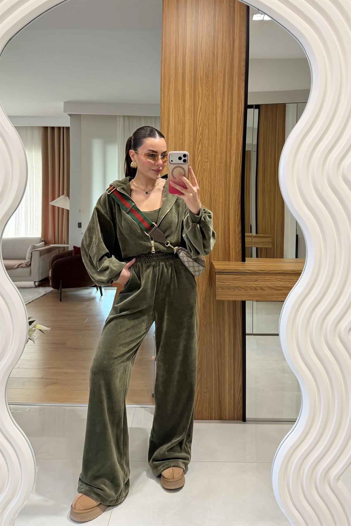 Jovie Haki Kadife Üçlü Takım