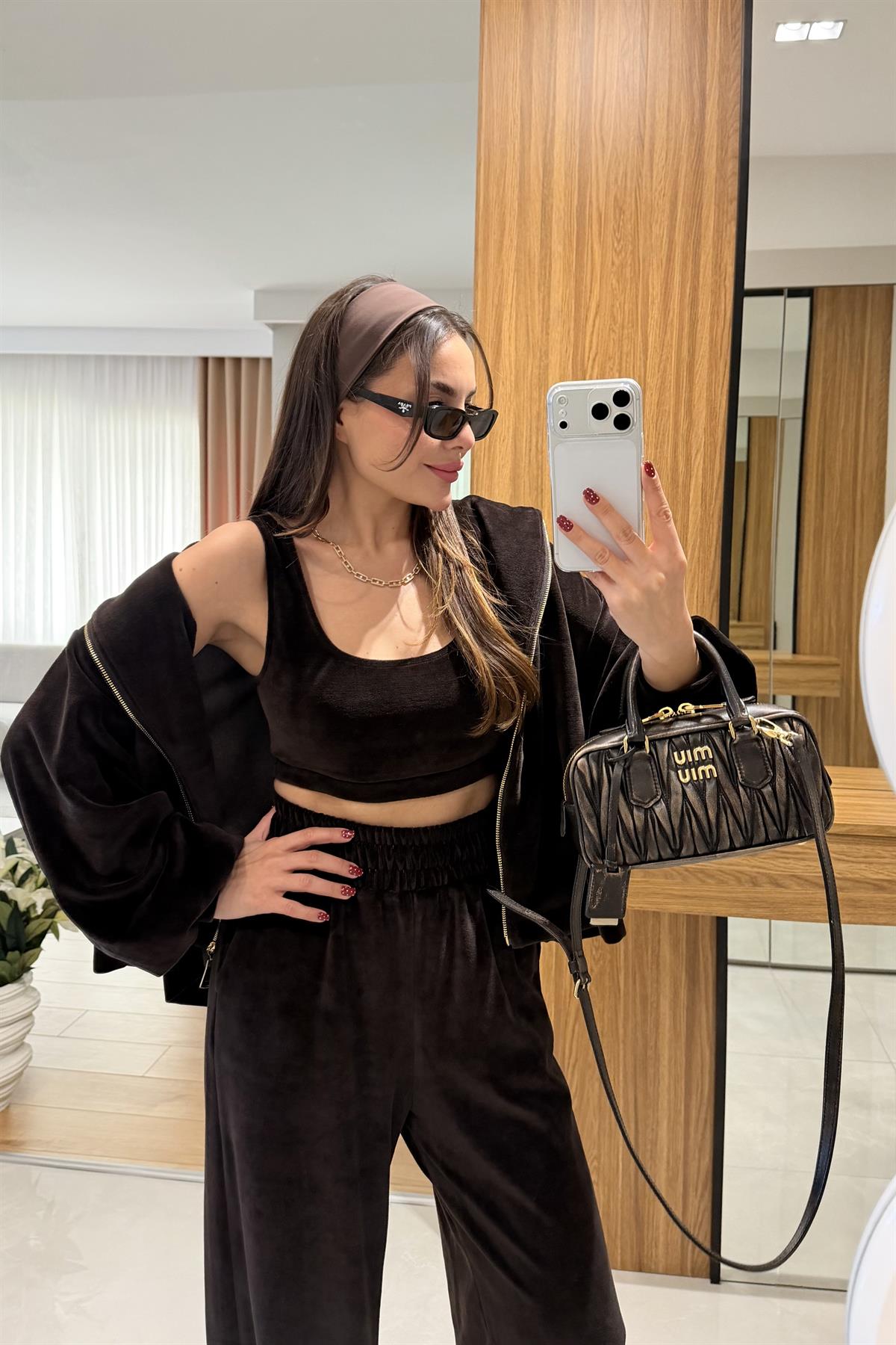 Jovie Kahve Kadife Üçlü Takım