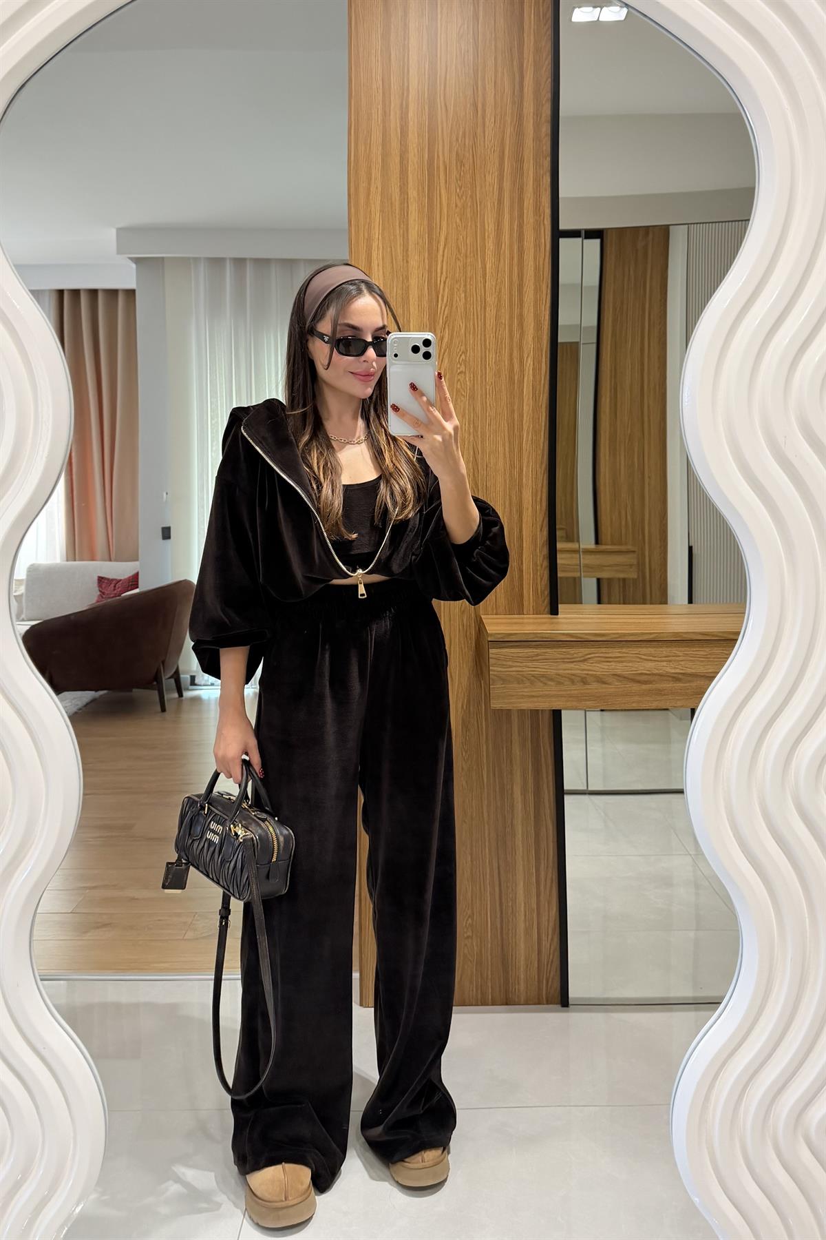 Jovie Kahve Kadife Üçlü Takım