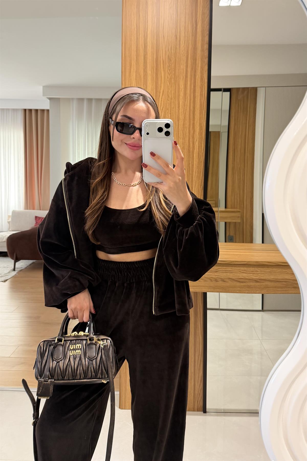 Jovie Kahve Kadife Üçlü Takım