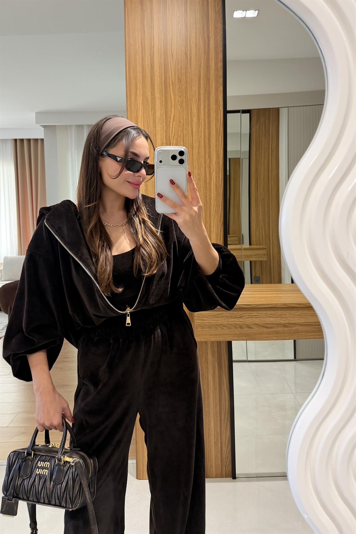 Jovie Kahve Kadife Üçlü Takım