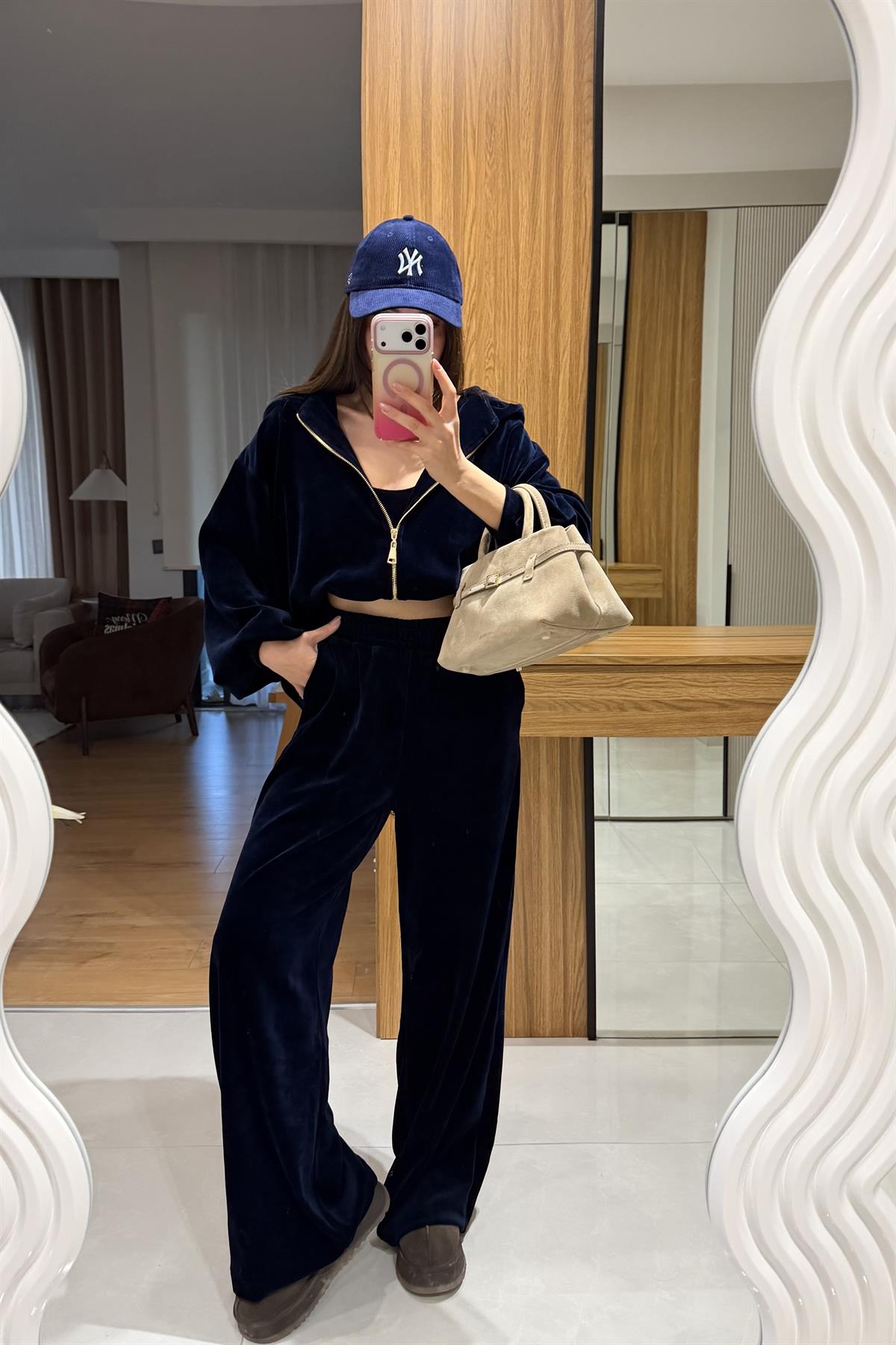 Jovie Lacivert Kadife Üçlü Takım