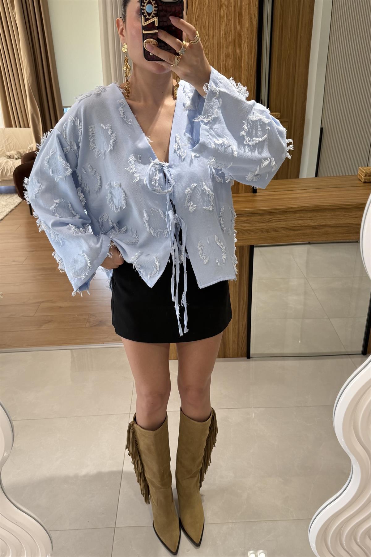 Juel Mavi Püsküllü Bağlamalı Gömlek