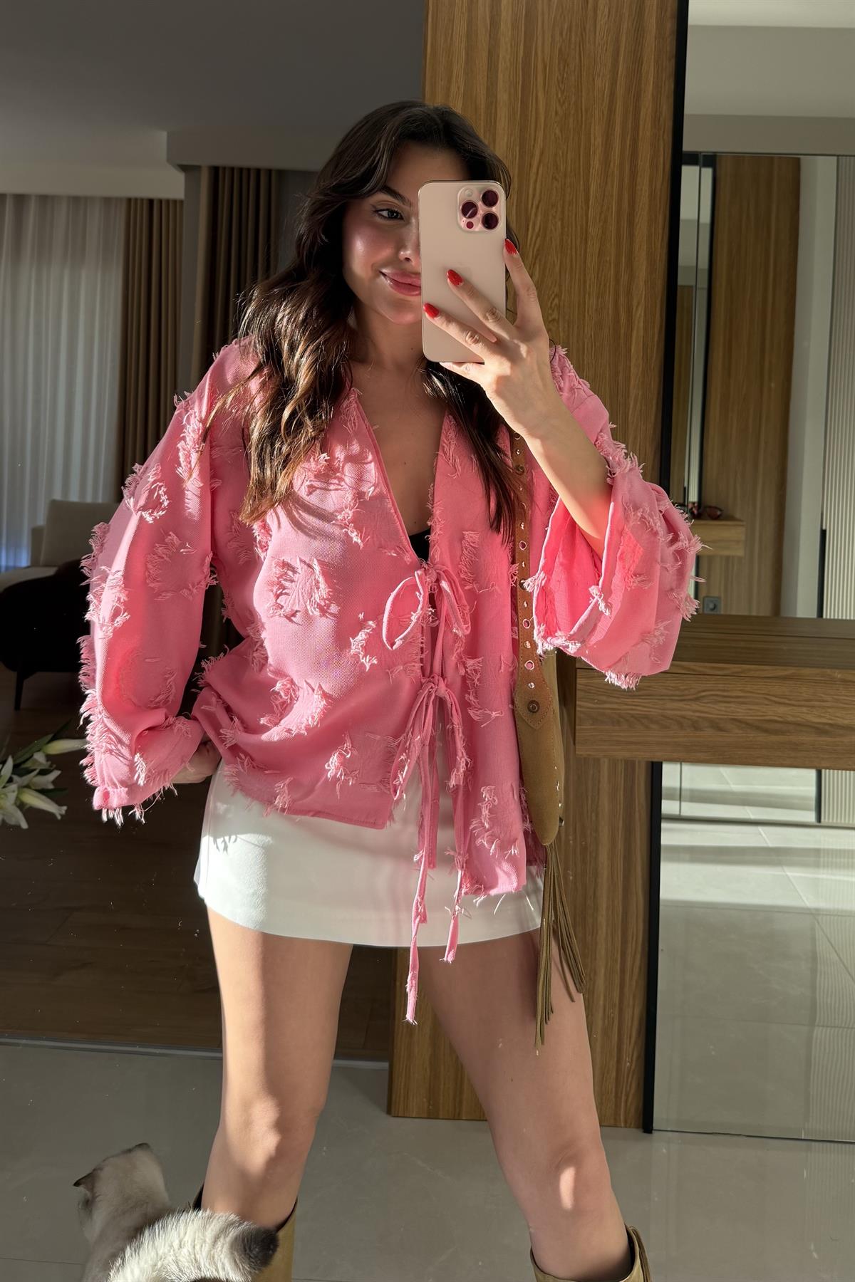 Juel Pembe Püsküllü Bağlamalı Gömlek