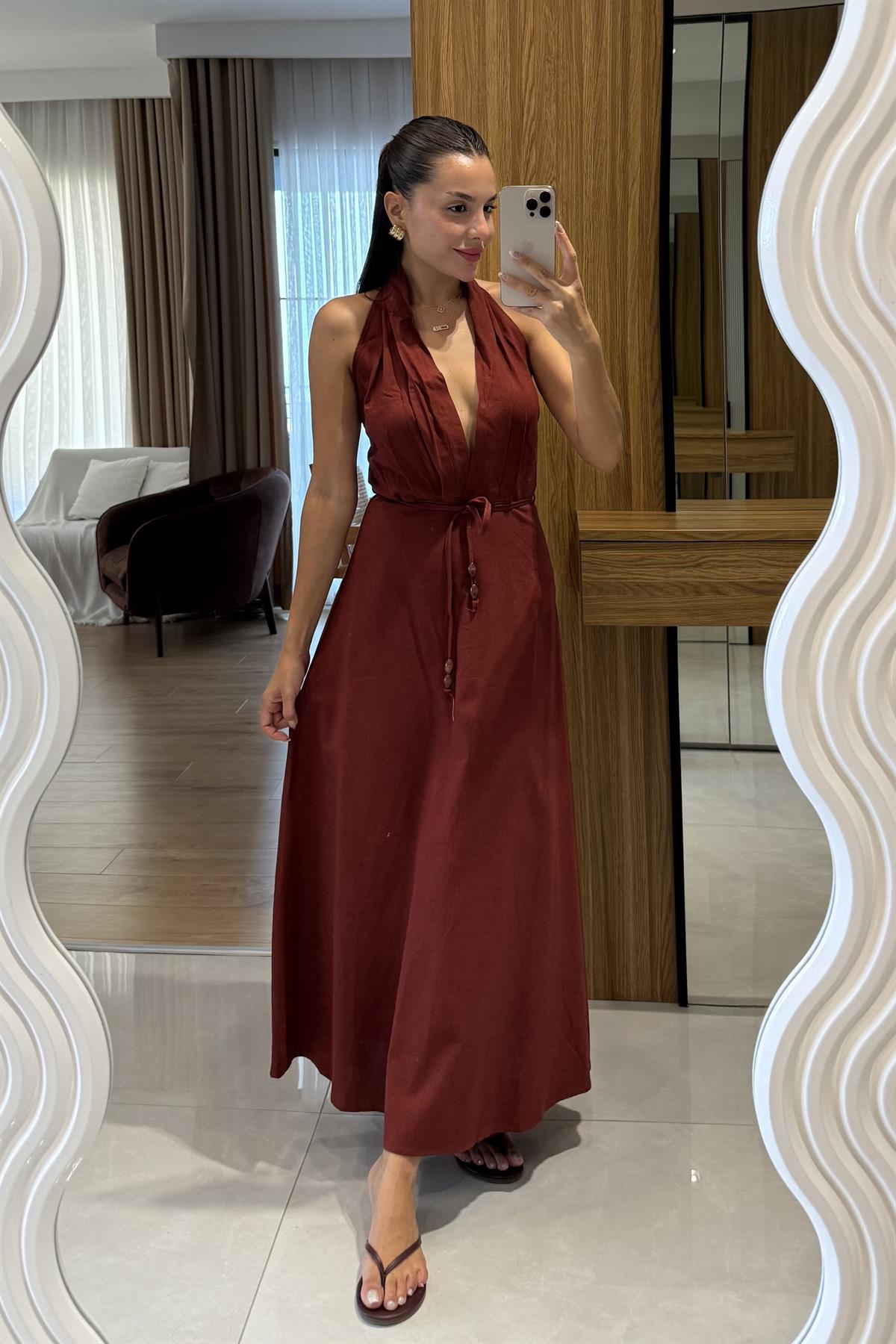 Julianna Bordo Sırt Dekolteli Kuşaklı Keten Elbise