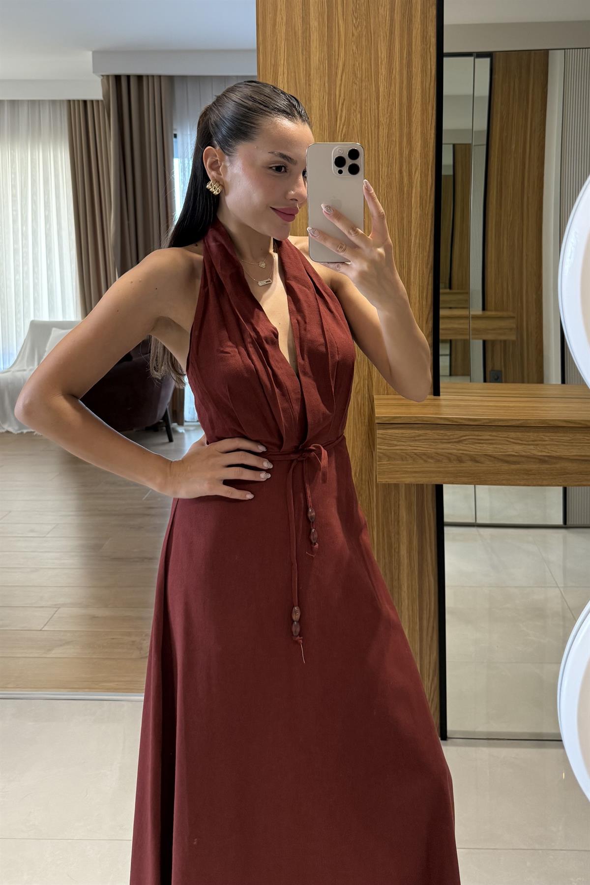 Julianna Bordo Sırt Dekolteli Kuşaklı Keten Elbise