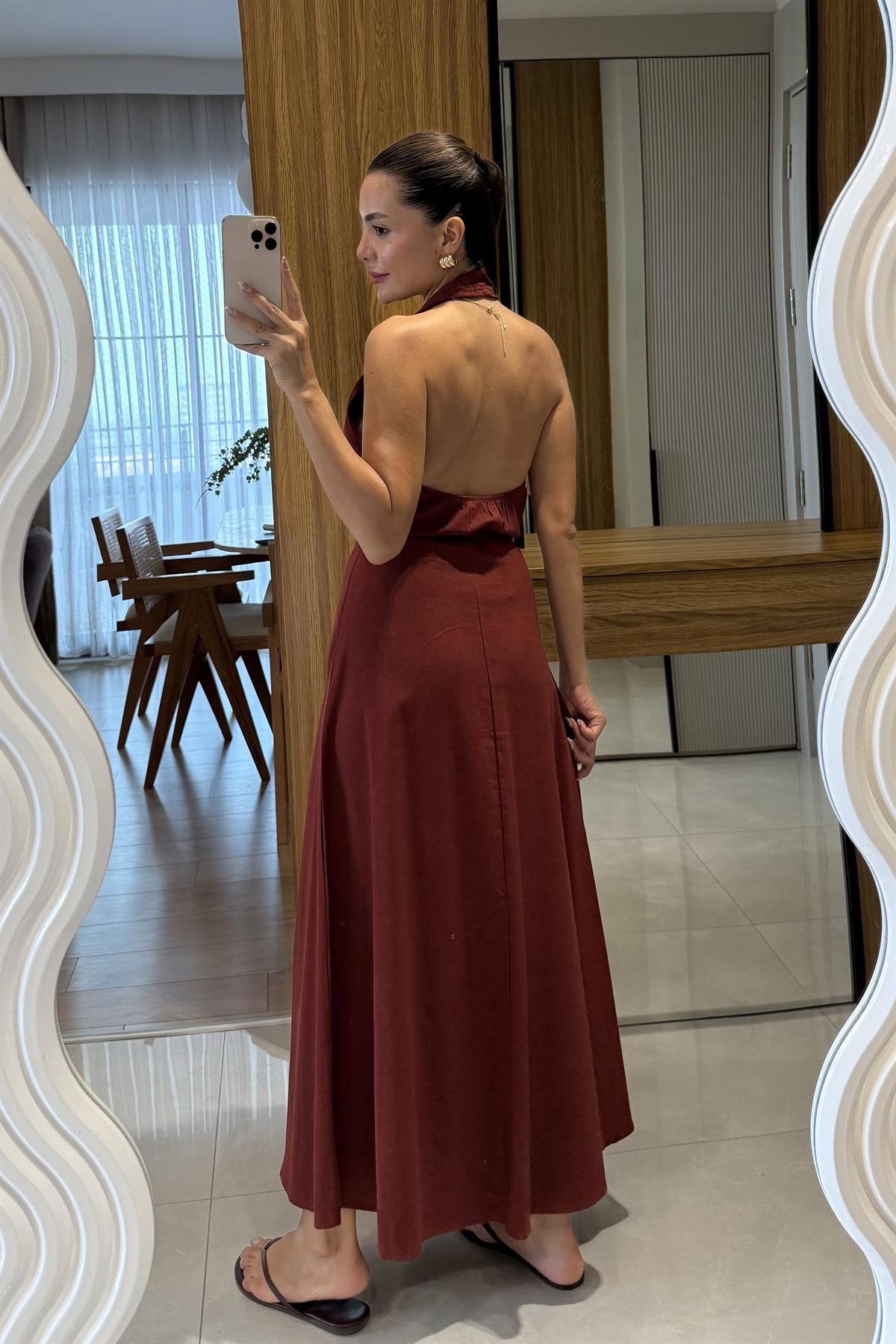 Julianna Bordo Sırt Dekolteli Kuşaklı Keten Elbise