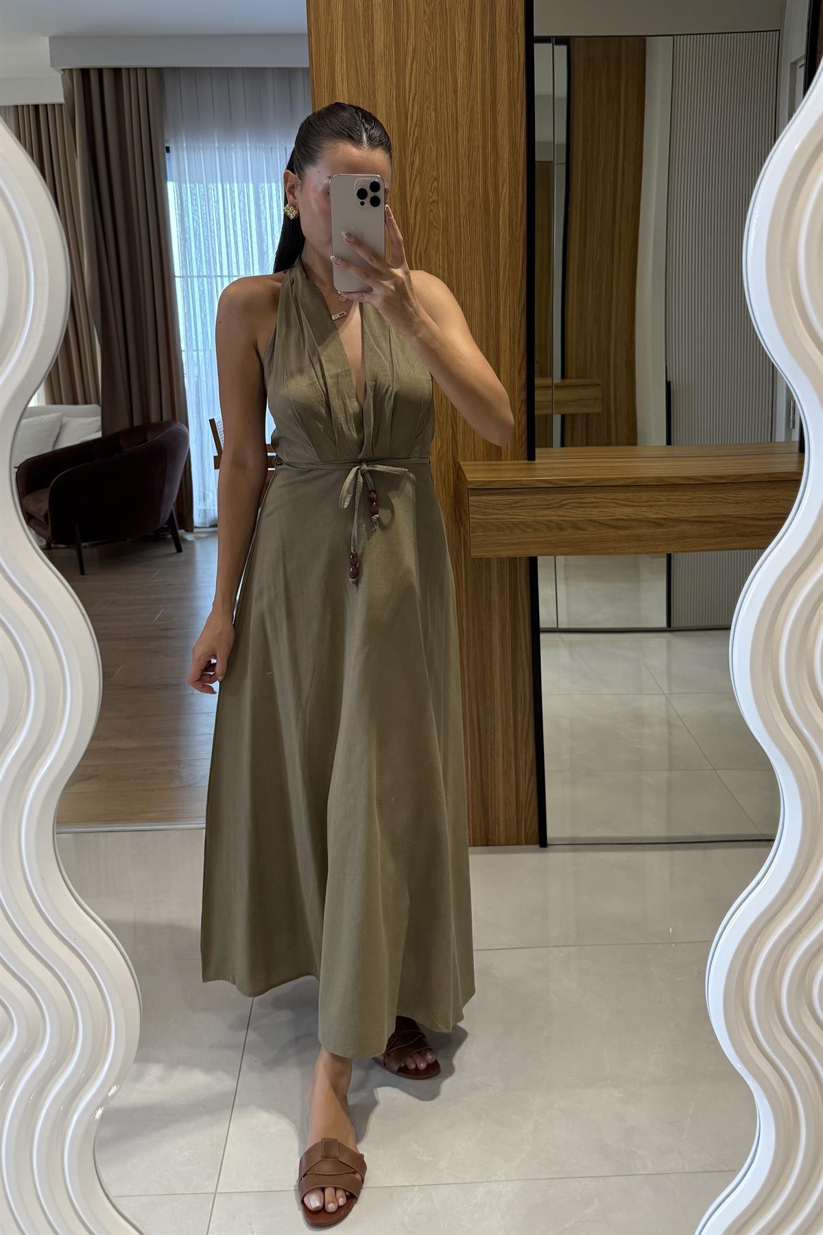 Julianna Haki Sırt Dekolteli Kuşaklı Keten Elbise