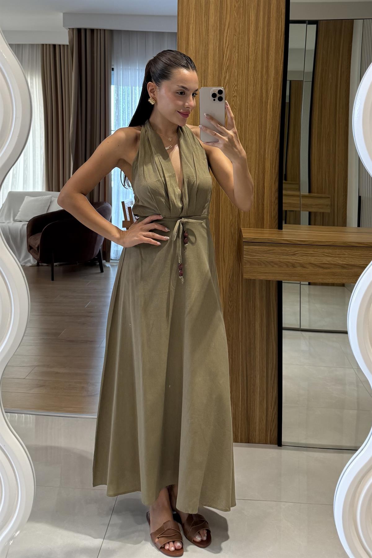 Julianna Haki Sırt Dekolteli Kuşaklı Keten Elbise