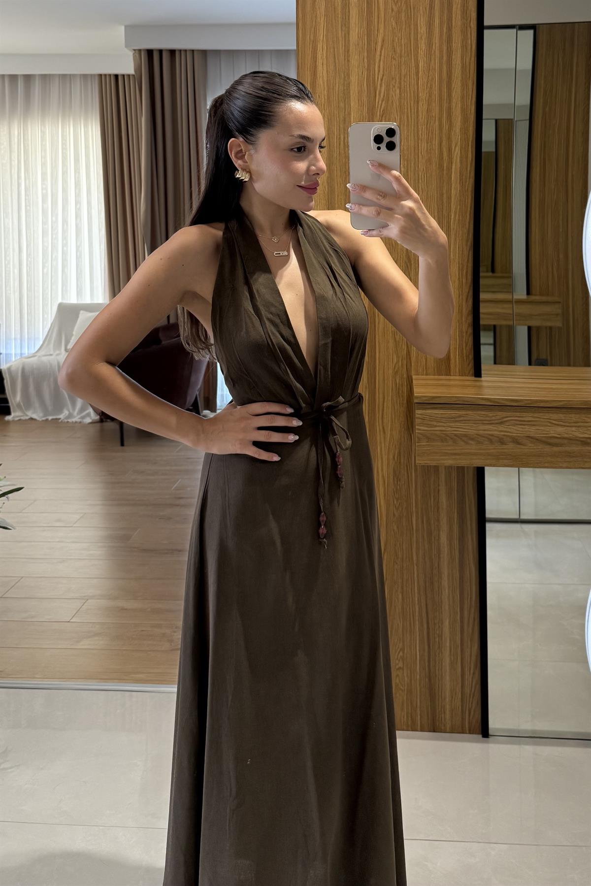 Julianna Acı Kahve Sırt Dekolteli Kuşaklı Keten Elbise