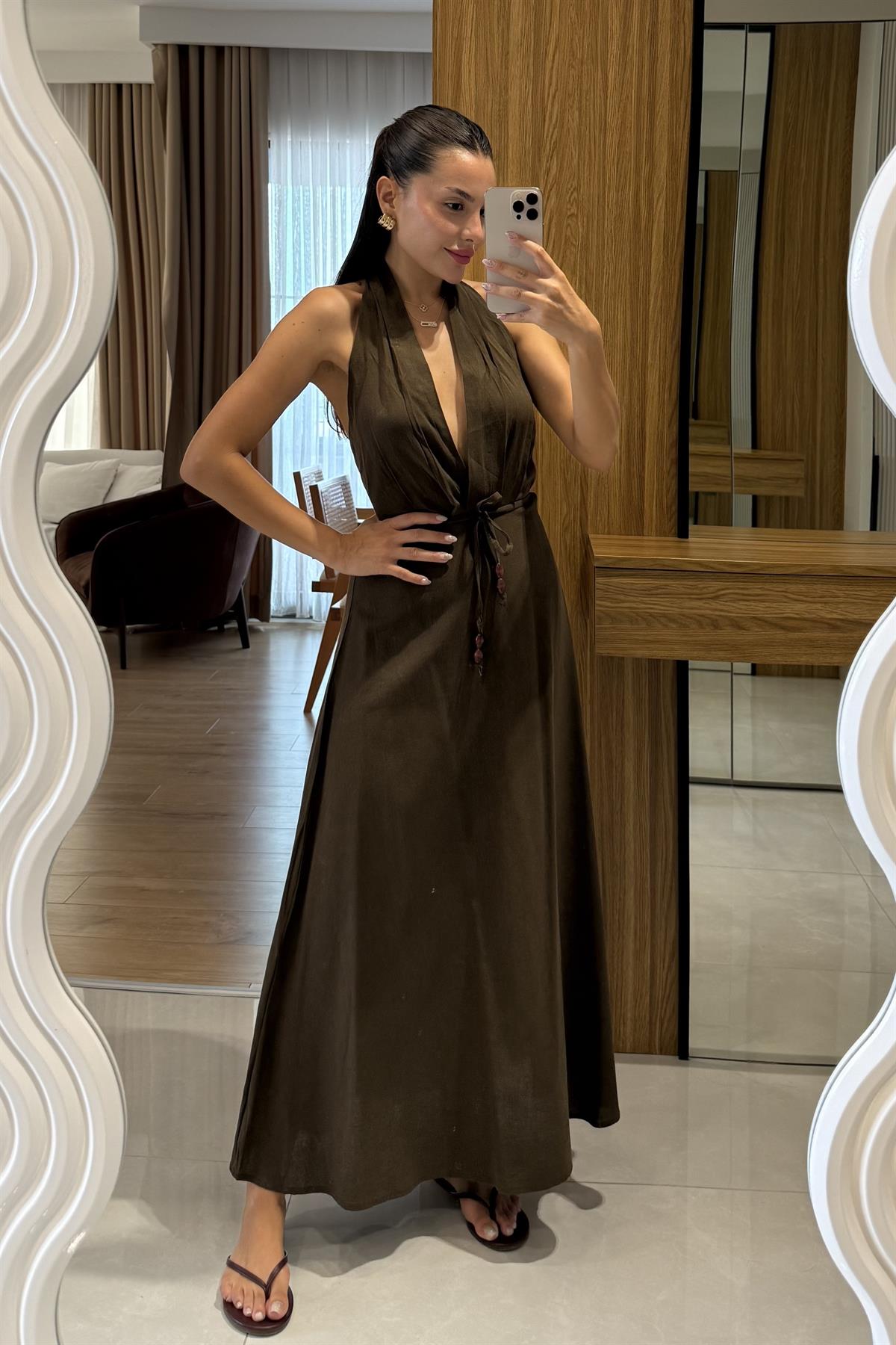 Julianna Acı Kahve Sırt Dekolteli Kuşaklı Keten Elbise