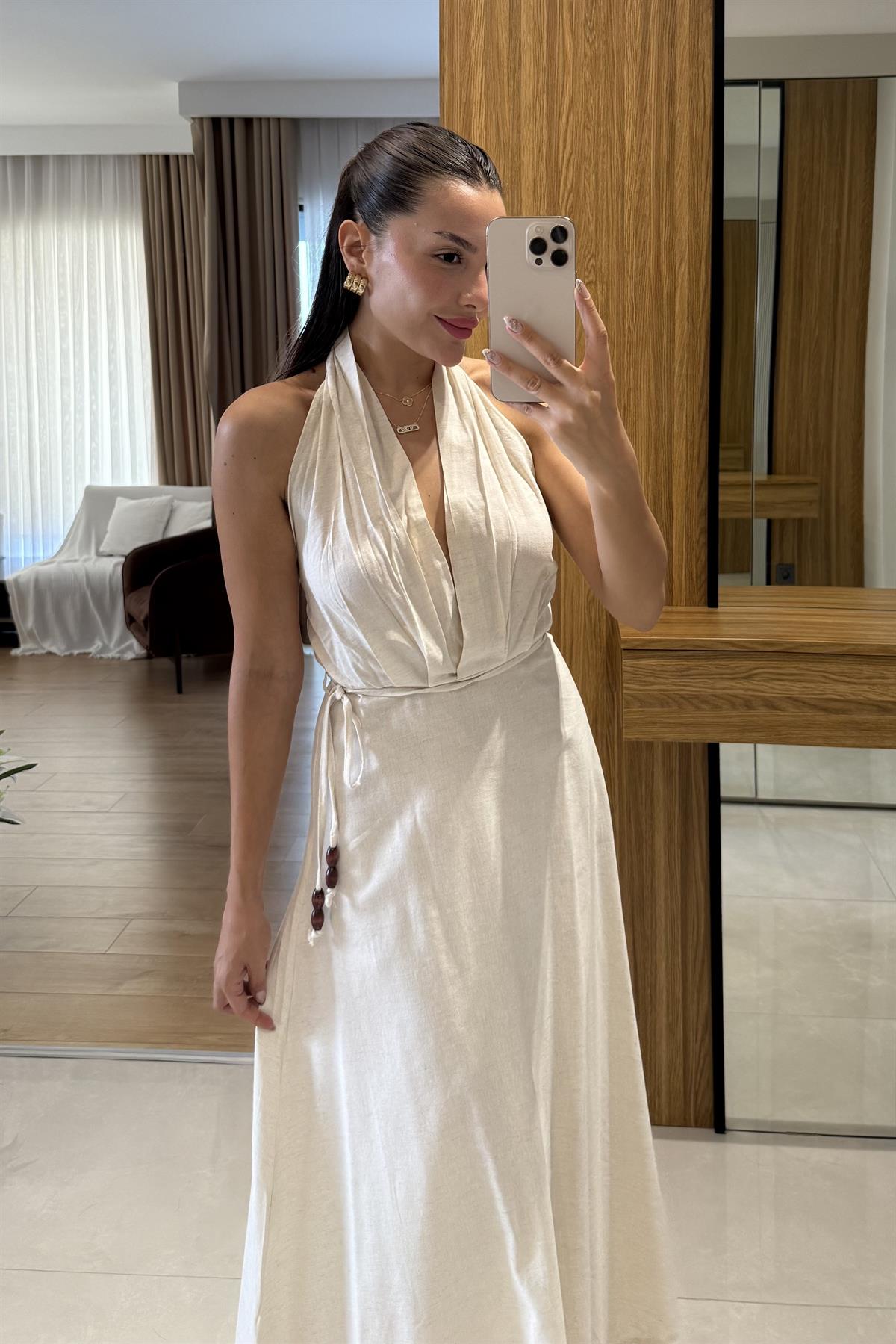 Julianna Krem Sırt Dekolteli Kuşaklı Keten Elbise