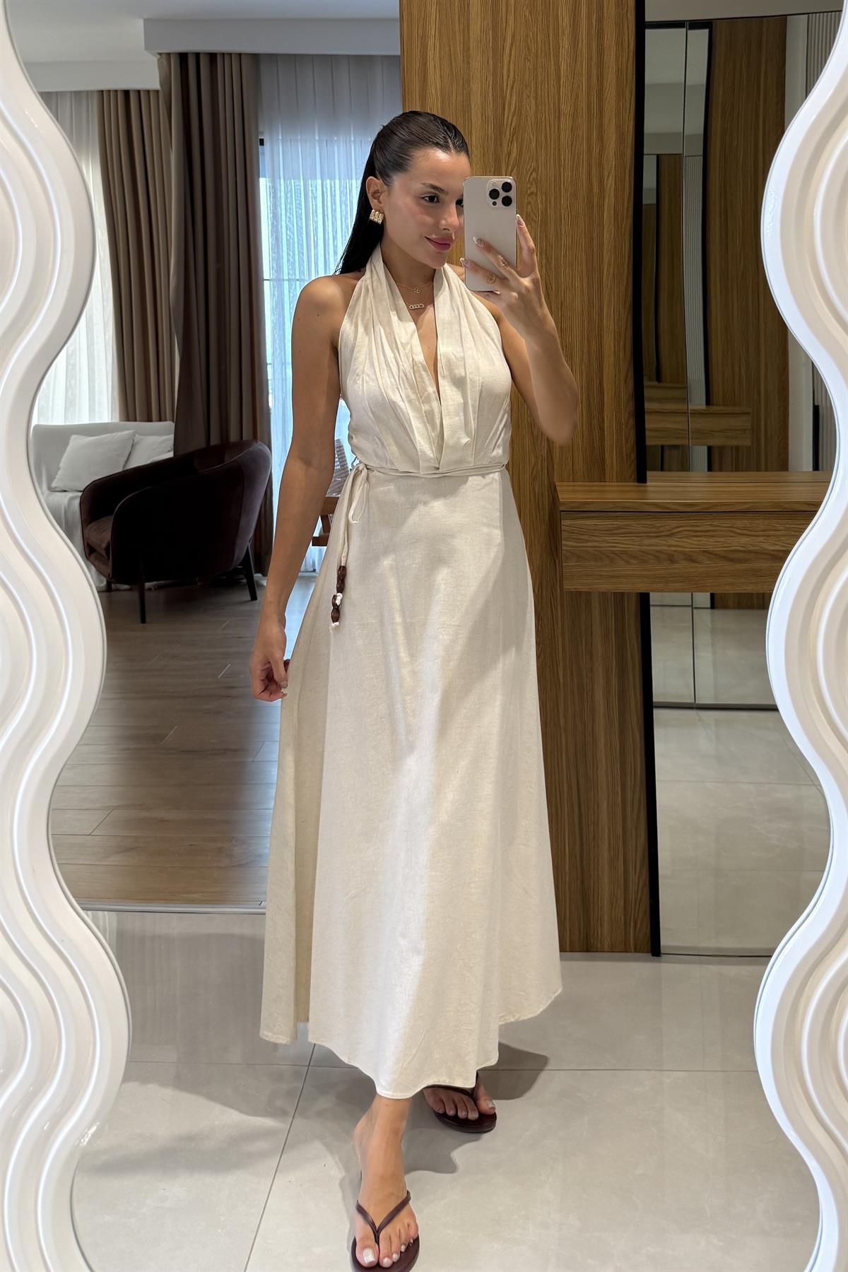 Julianna Krem Sırt Dekolteli Kuşaklı Keten Elbise