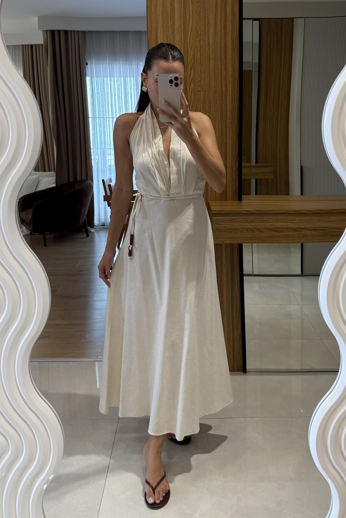 Julianna Krem Sırt Dekolteli Kuşaklı Keten Elbise