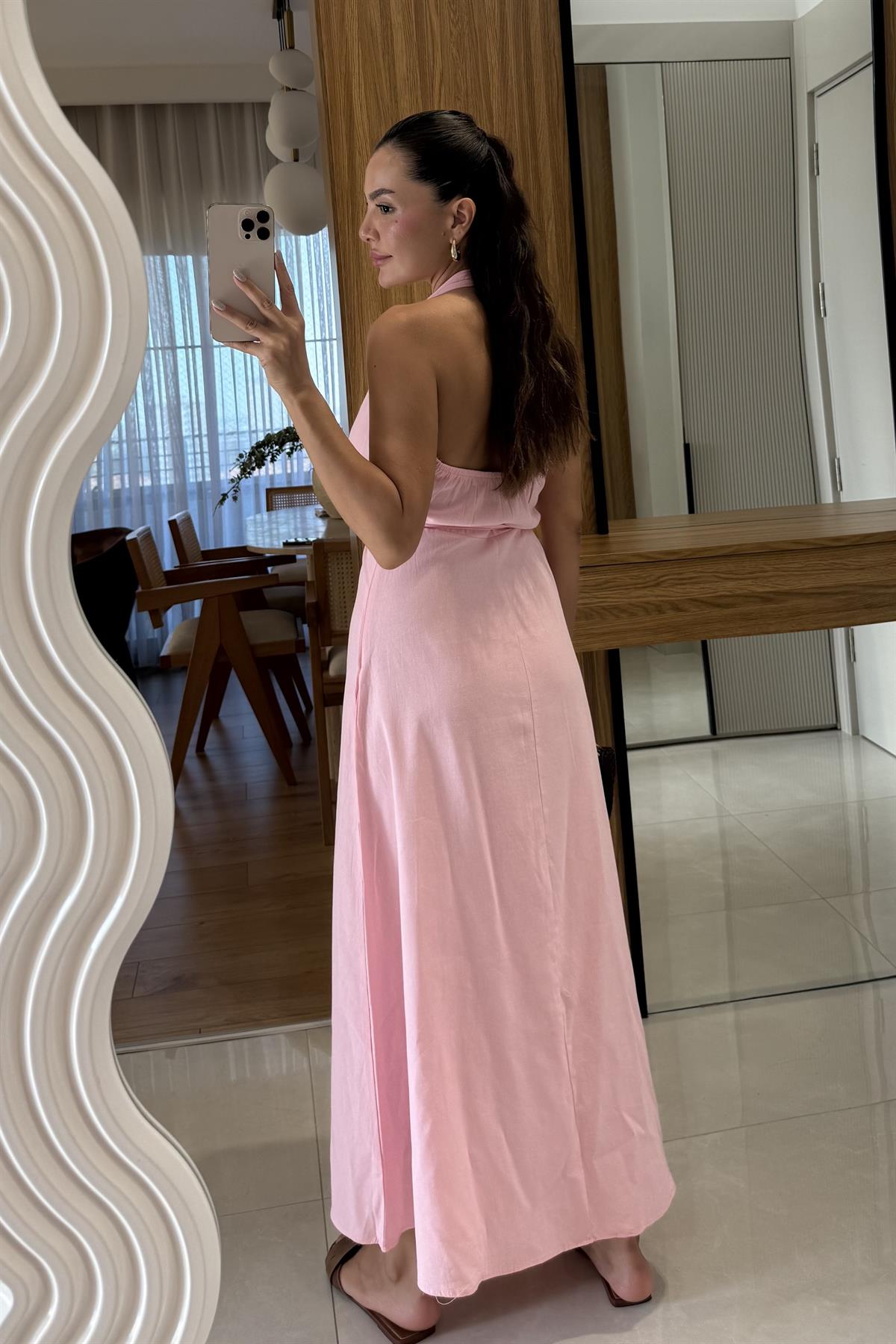 Julianna Pembe Sırt Dekolteli Kuşaklı Keten Elbise