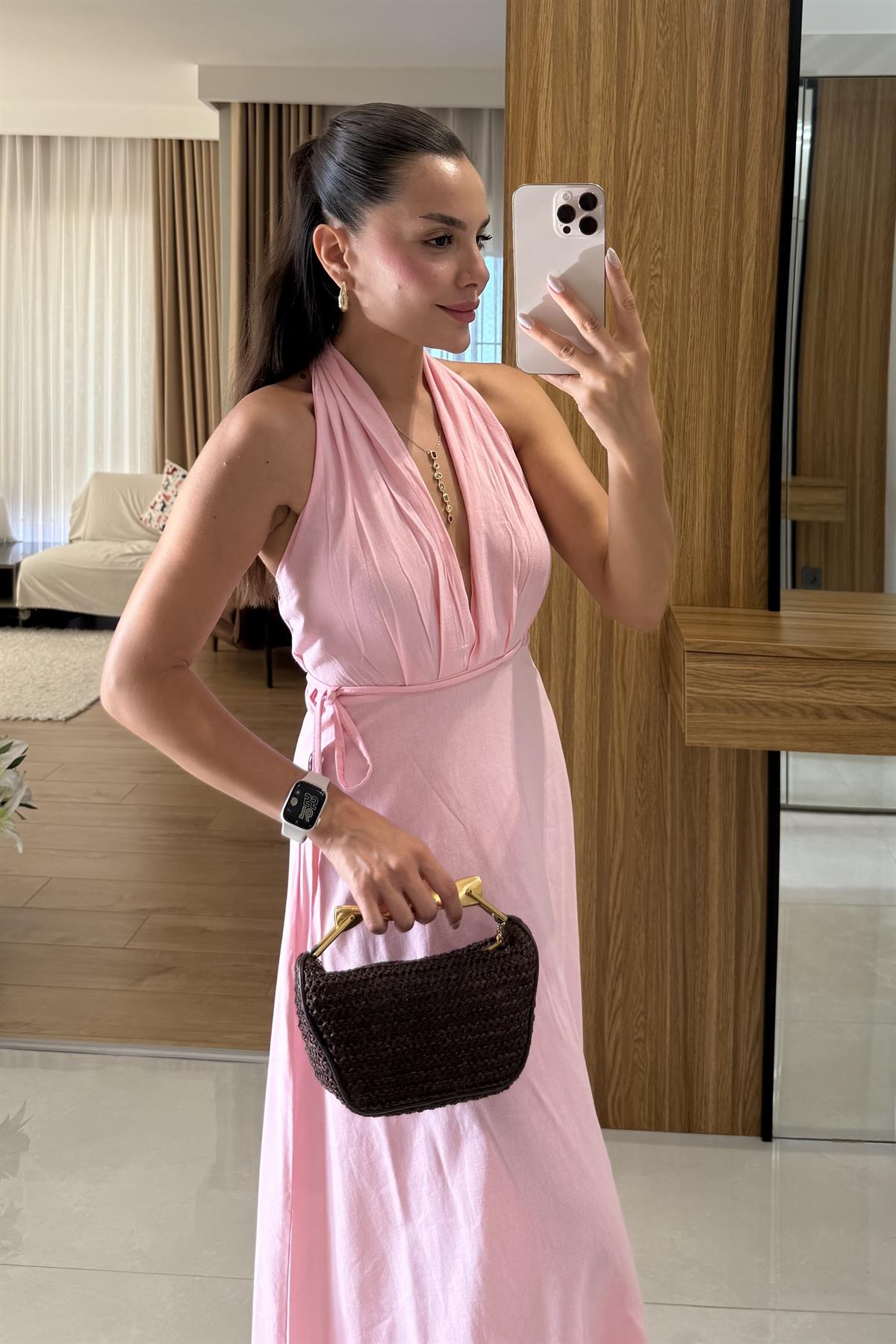 Julianna Pembe Sırt Dekolteli Kuşaklı Keten Elbise