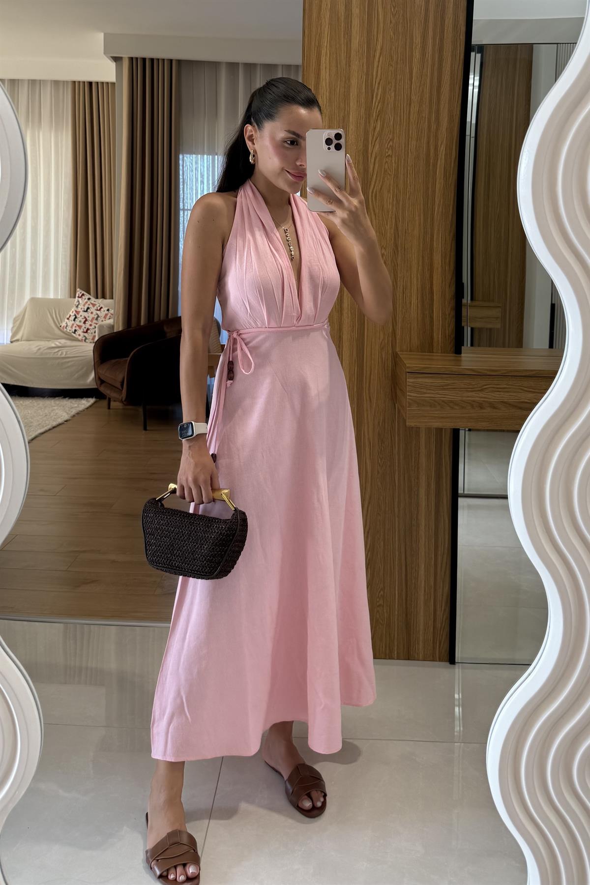 Julianna Pembe Sırt Dekolteli Kuşaklı Keten Elbise