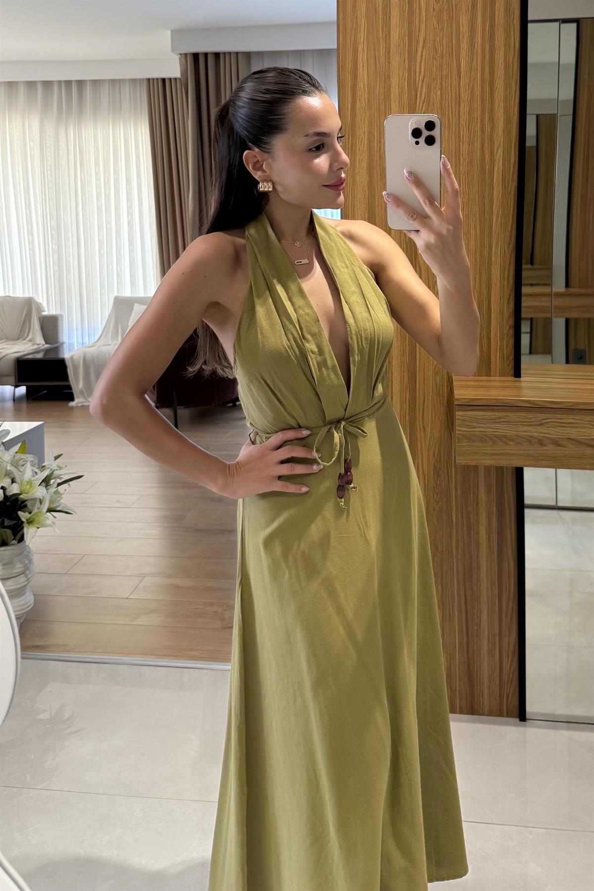 Julianna Yağ Yeşili Sırt Dekolteli Kuşaklı Keten Elbise