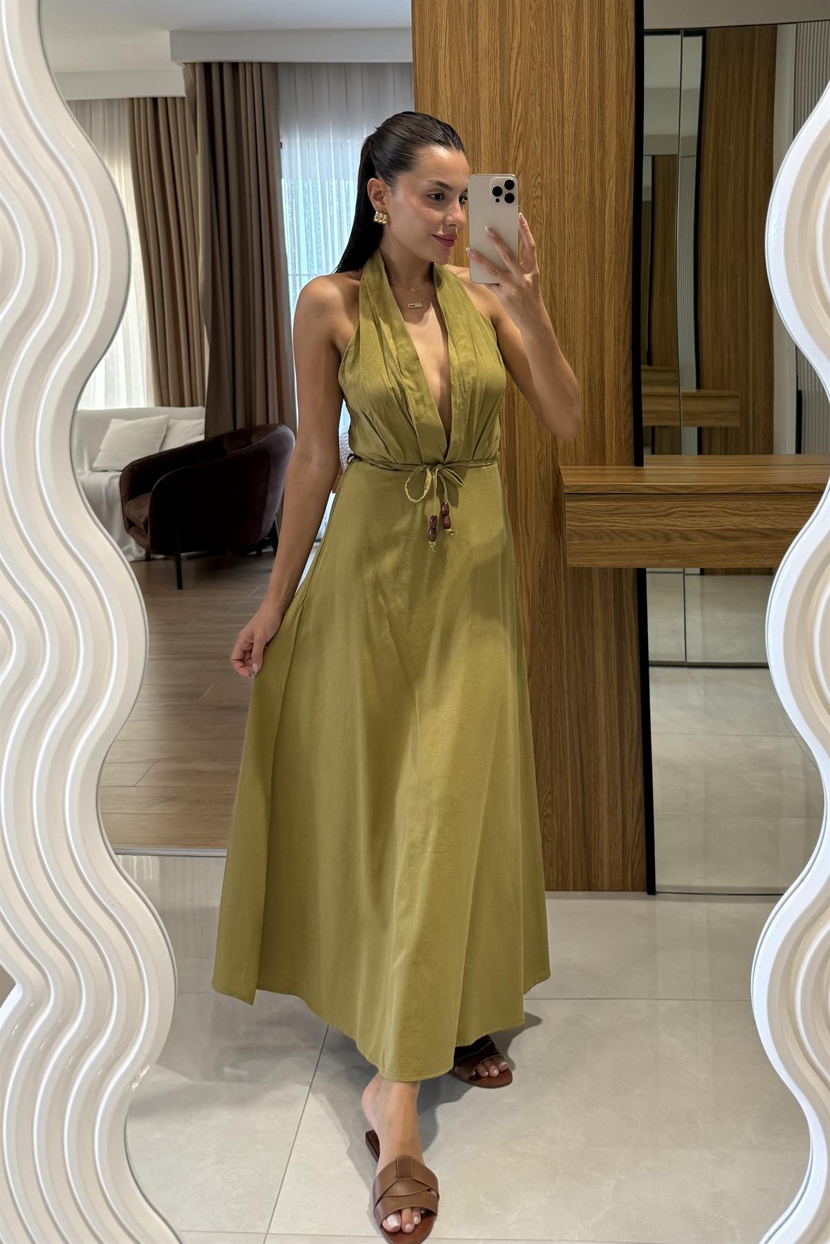 Julianna Yağ Yeşili Sırt Dekolteli Kuşaklı Keten Elbise