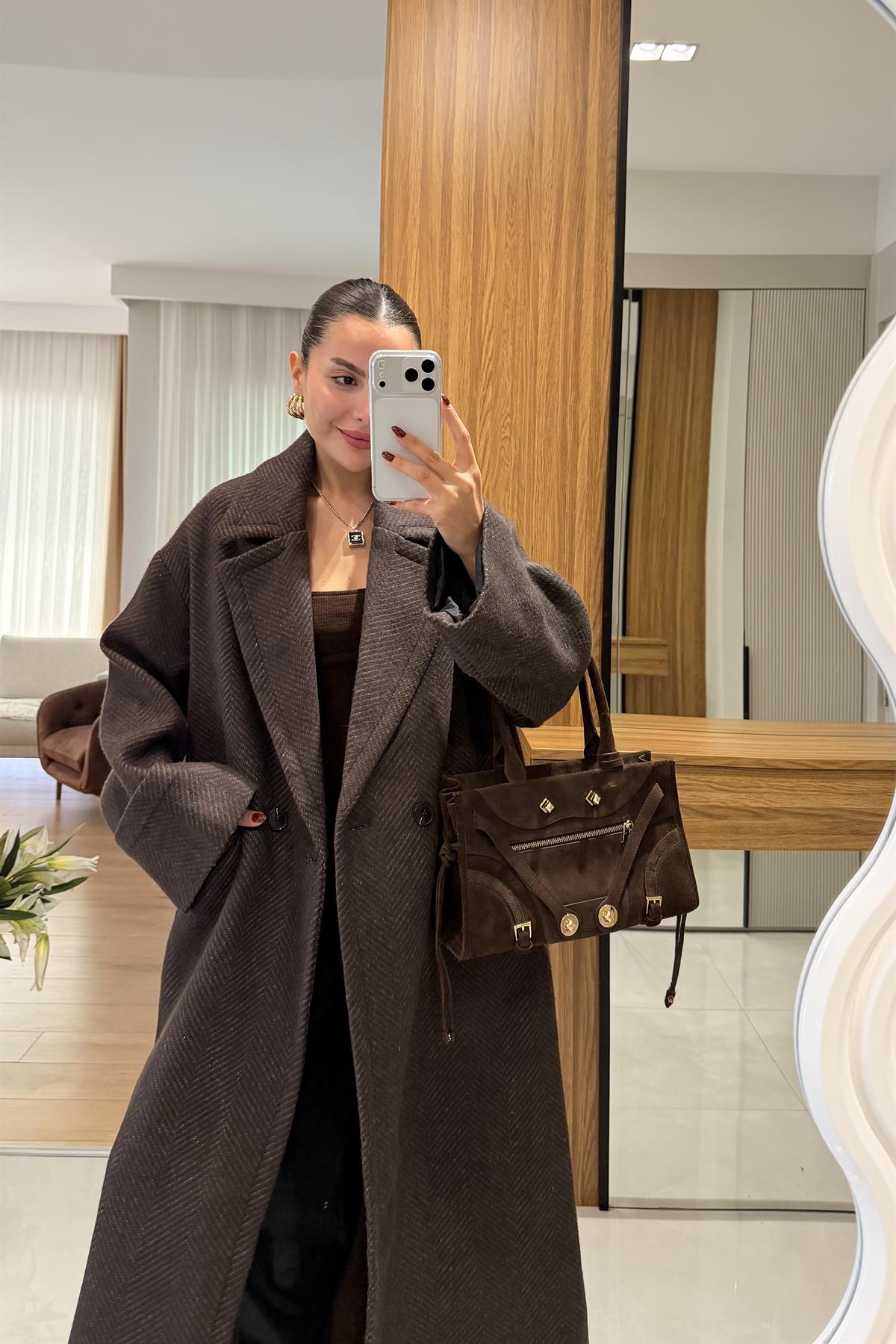 Julietta Kahve Balıksırtı Premium Kaban 
