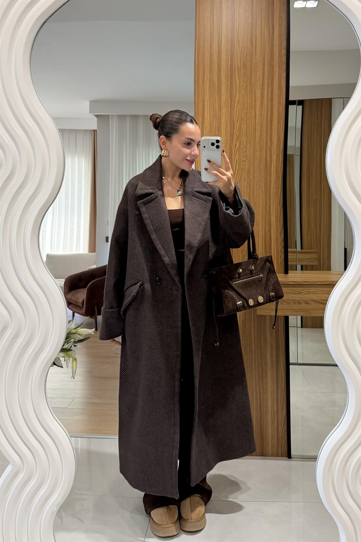 Julietta Kahve Balıksırtı Premium Kaban 
